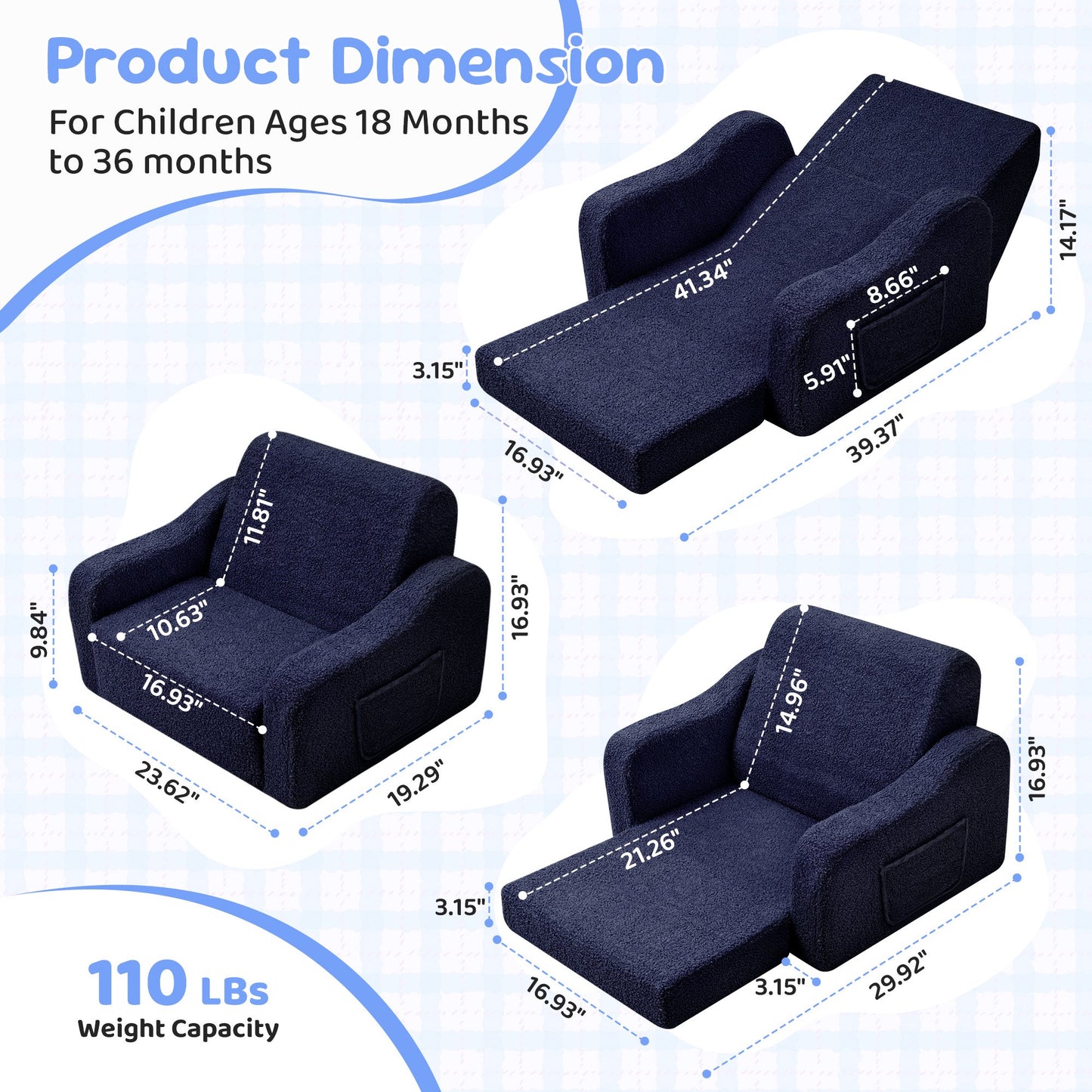 Babyeap 3-in-1 Kids Sofa,Toddler Sofa Bed Fold Out,Comfy Kids Couch,Convertible Baby Chair for Girls and Boys,Dark Blue