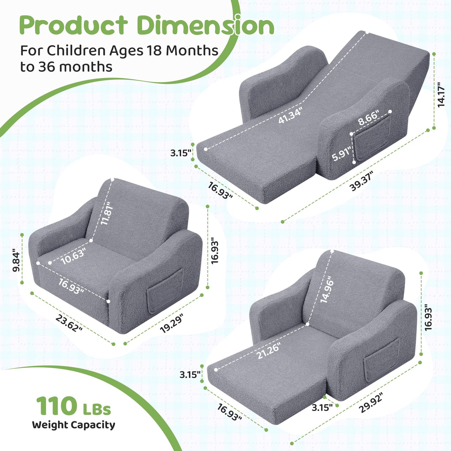 Babyeap 3-in-1 Kids Sofa,Toddler Sofa Bed Fold Out,Comfy Kids Couch,Convertible Baby Chair for Girls and Boys,Light Gray