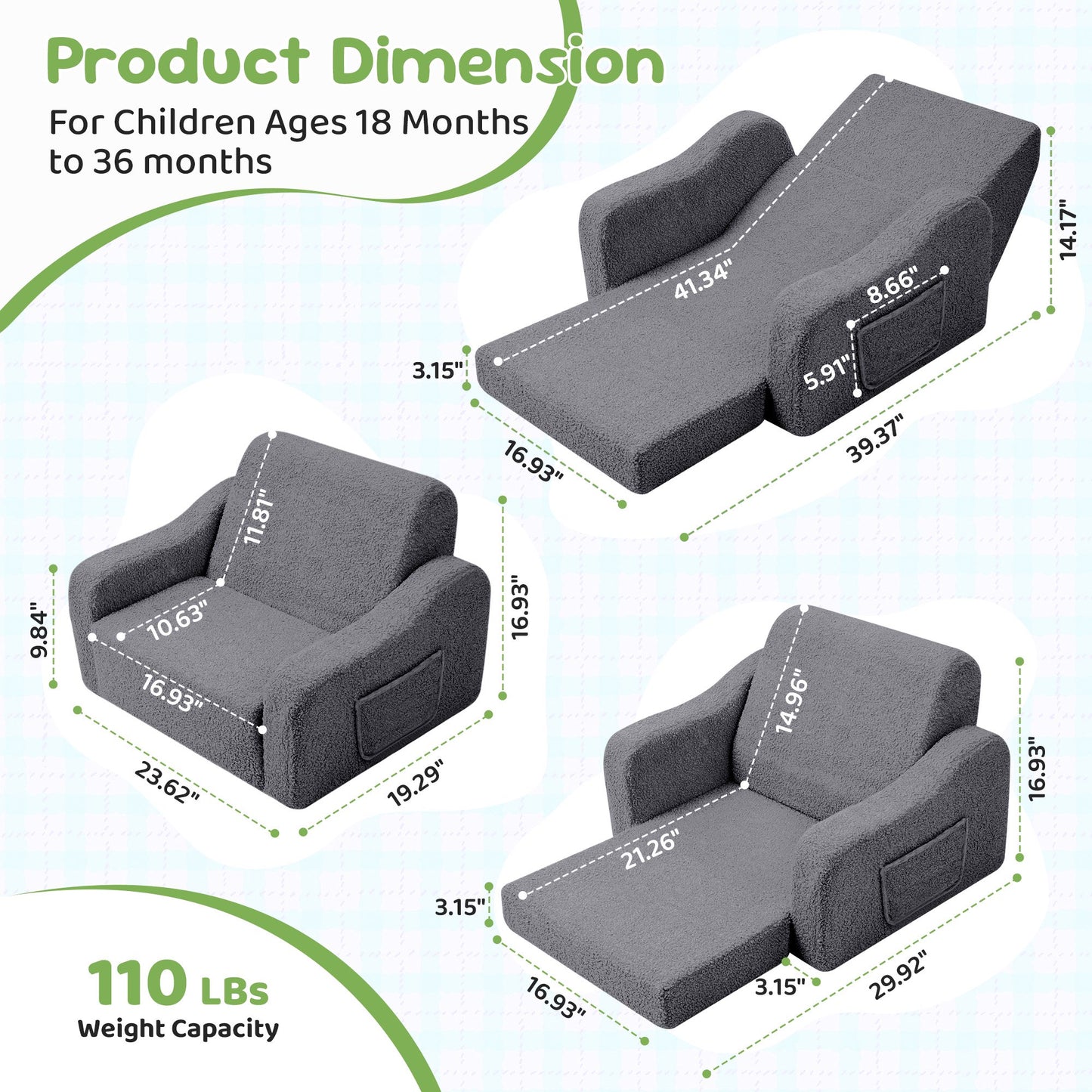 Babyeap 3-in-1 Kids Sofa,Toddler Sofa Bed Fold Out,Comfy Kids Couch,Convertible Baby Chair for Girls and Boys,Deep Gray