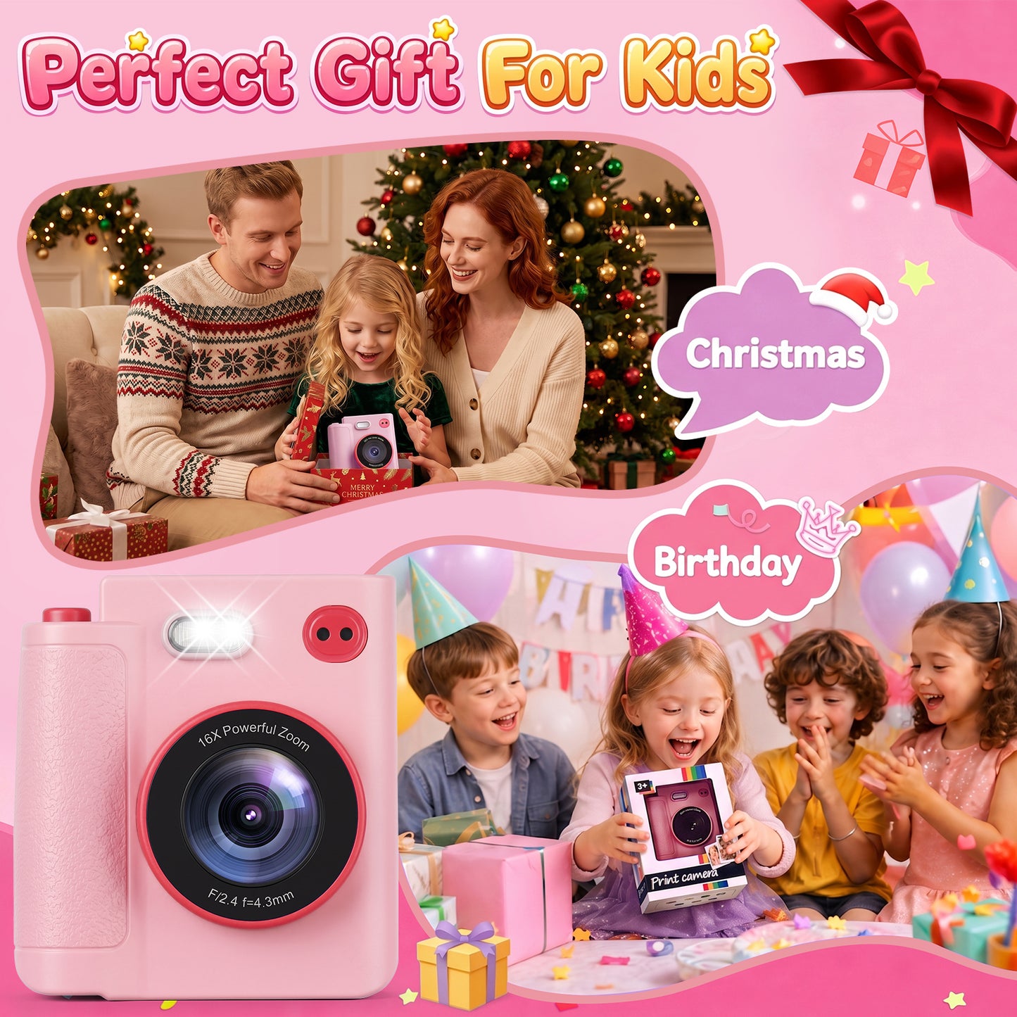 Yexmas Kids Instant Print Toys Camera, 1080P HD Digital Camera with 32GB SD Card, Thermal Print Toy Camera for Boys & Girls, Pink
