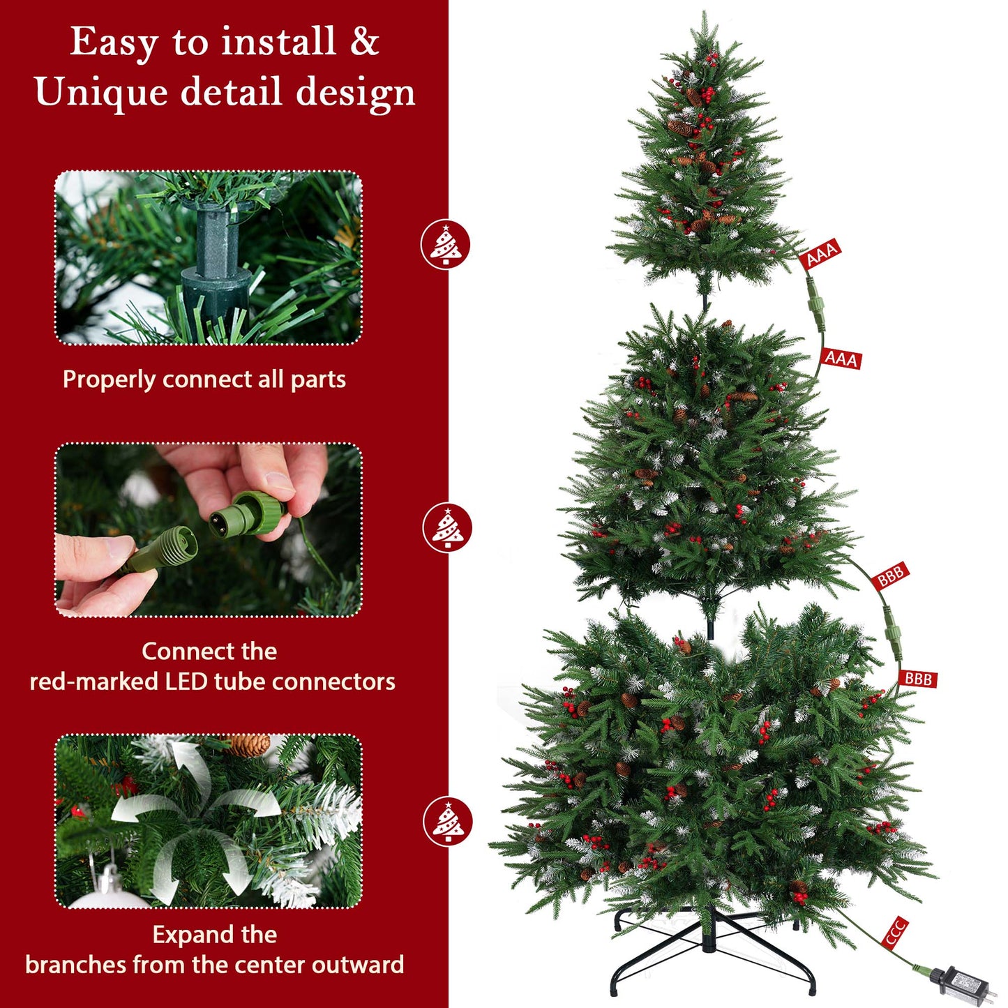 Yexmas 7.5ft Pre-Lit Artificial Christmas Trees,Green Xmas Tree with Large Christmas Tree Storage Bag,Pinecones, Berries, Realistic Artificial Christmas Trees for Home, Office, Party Decoration