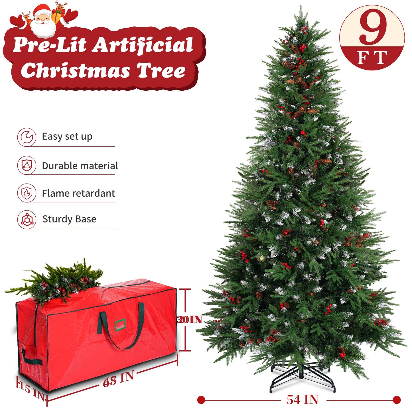 Yexmas 9ft Pre-Lit Artificial Christmas Trees,Green Xmas Tree with Large Christmas Tree Storage Bag,Pinecones, Berries, Realistic Artificial Christmas Trees for Home, Office, Party Decoration