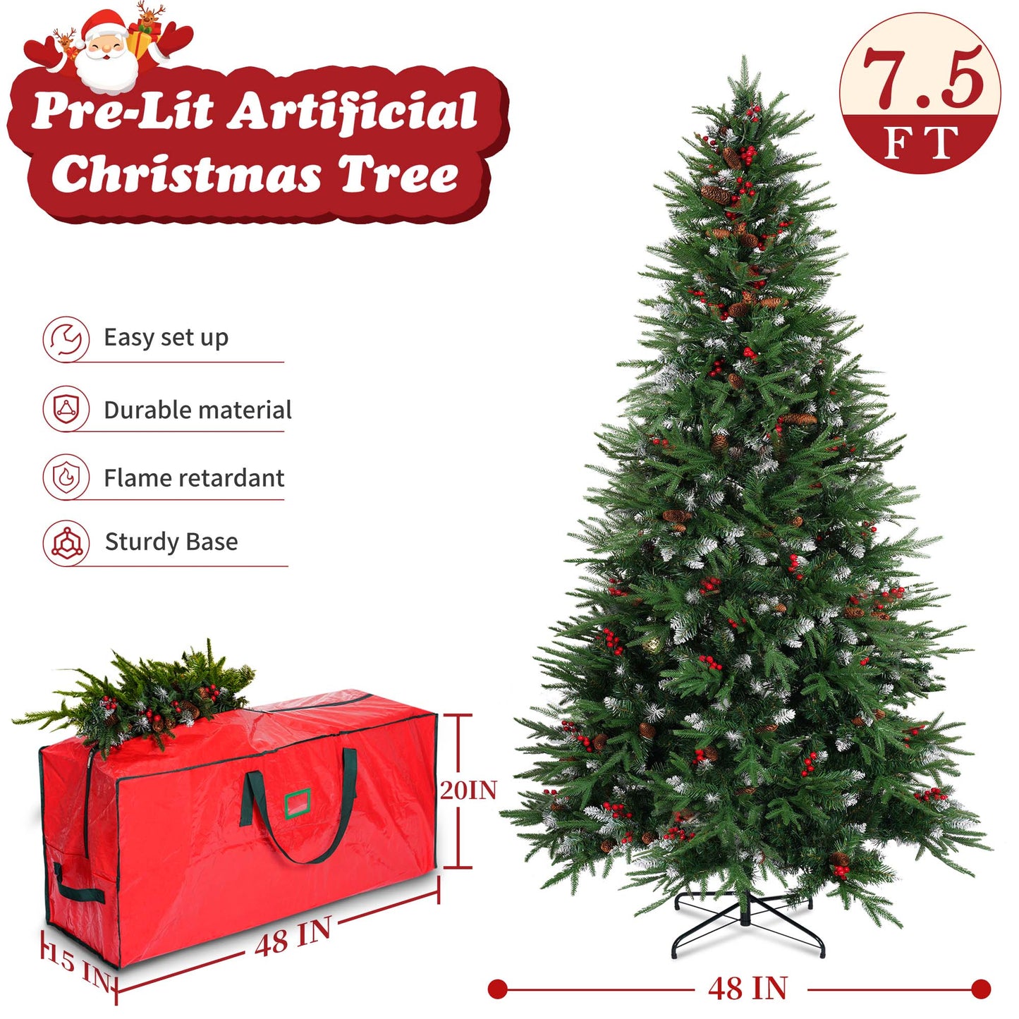 Yexmas 7.5ft Pre-Lit Artificial Christmas Trees,Green Xmas Tree with Large Christmas Tree Storage Bag,Pinecones, Berries, Realistic Artificial Christmas Trees for Home, Office, Party Decoration