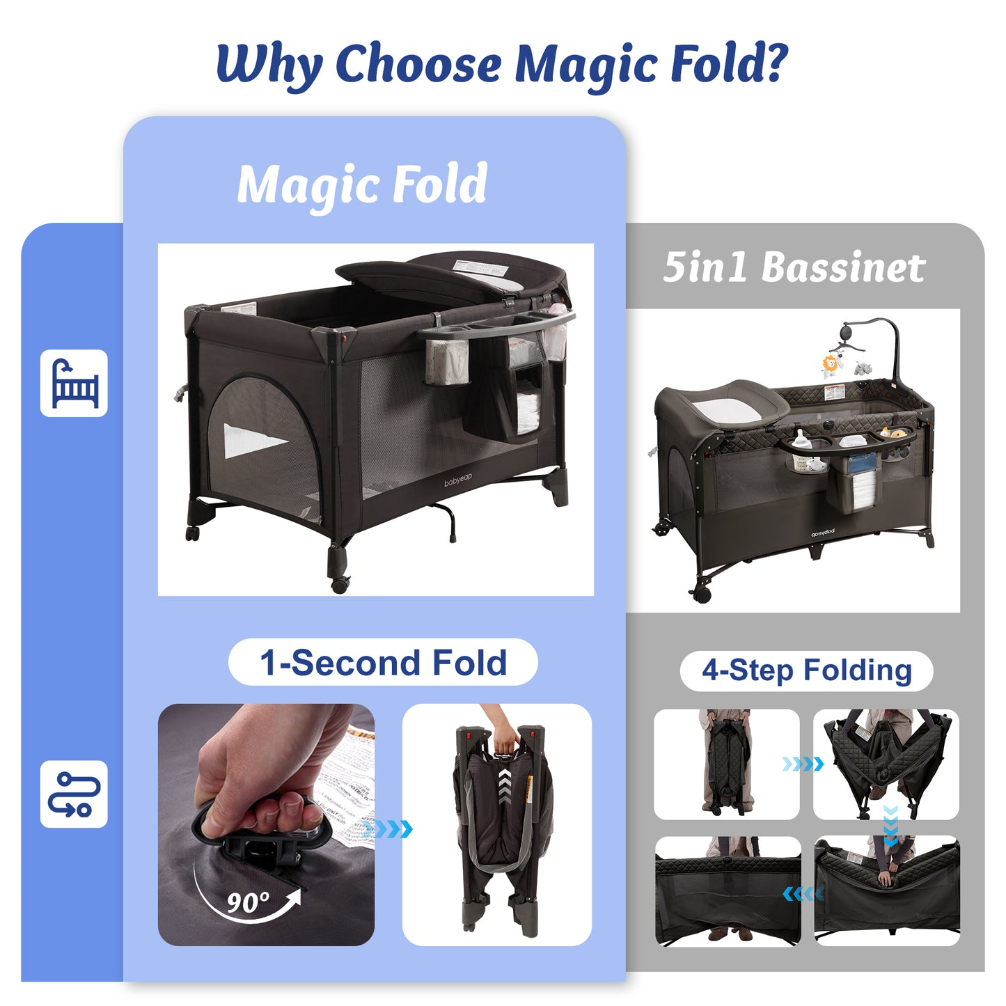 Babyeap 4in1 Baby Bassinet with Playard, 1-Step Fold Portable Playpen with Changing Table, Bedside Sleeper for Newborns, Black
