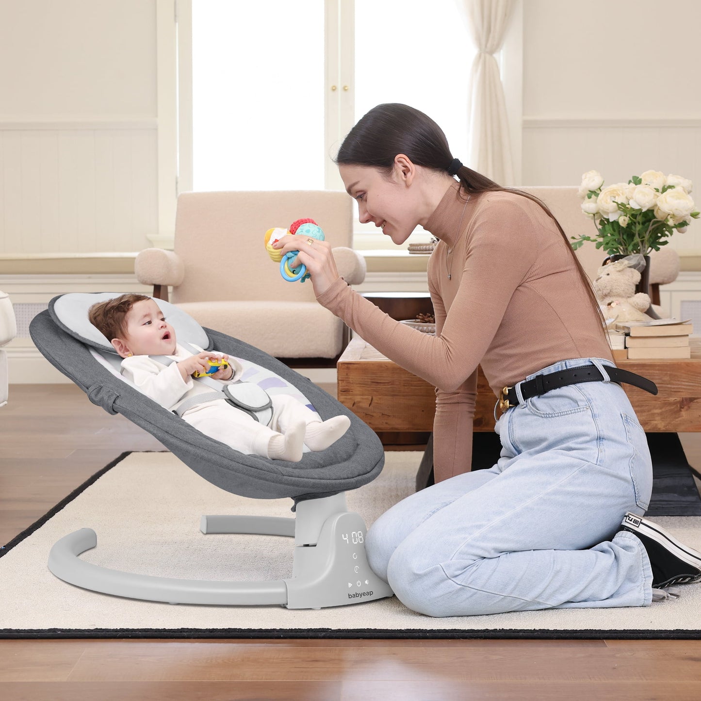 Babyeap Baby Swing for Infants - APP Remote Bluetooth Control, 5 Speed Settings, 10 Lullabies, USB Plug