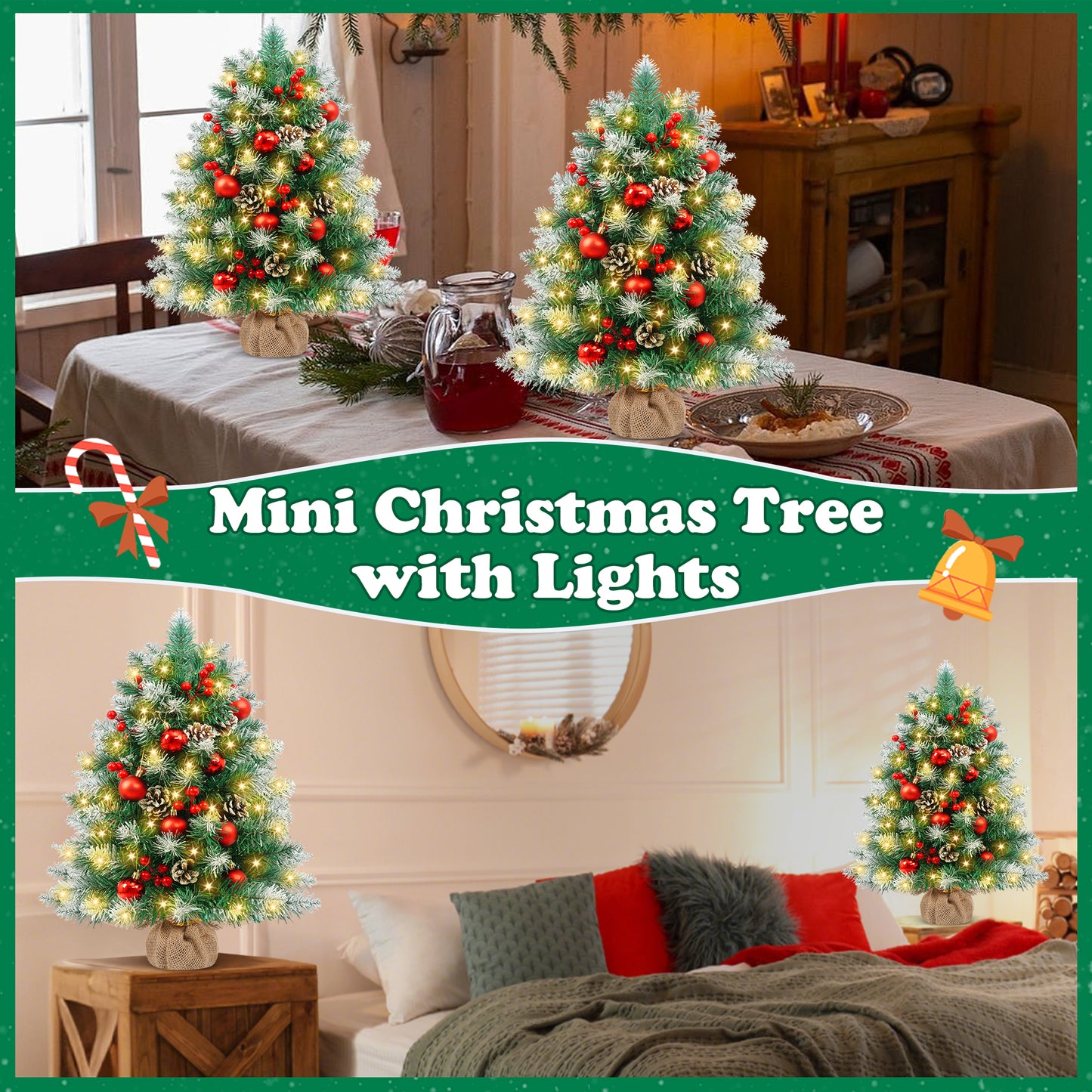 Yexmas 2PCS Pre-lit Artificial Mini Christmas Tree,24 Inch Small Tabletop Xmas Tree for Indoor Outdoor Christmas Decor