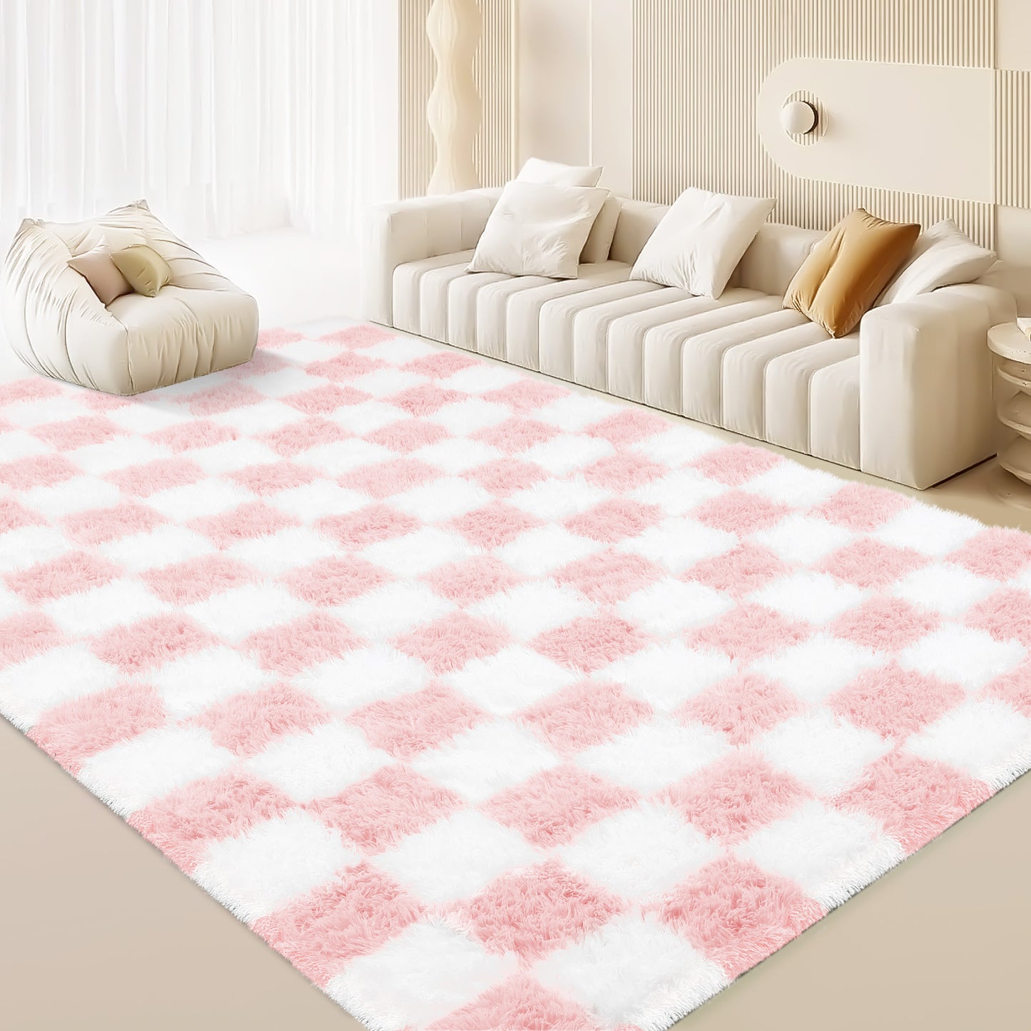 CozyDesg Shag Area Rugs,5'x8'/8' x 10' Soft Fluffy Floor Rugs Checkered Carpet,Washable Area Rugs for Living Room Bedroom Decor,Beige & White