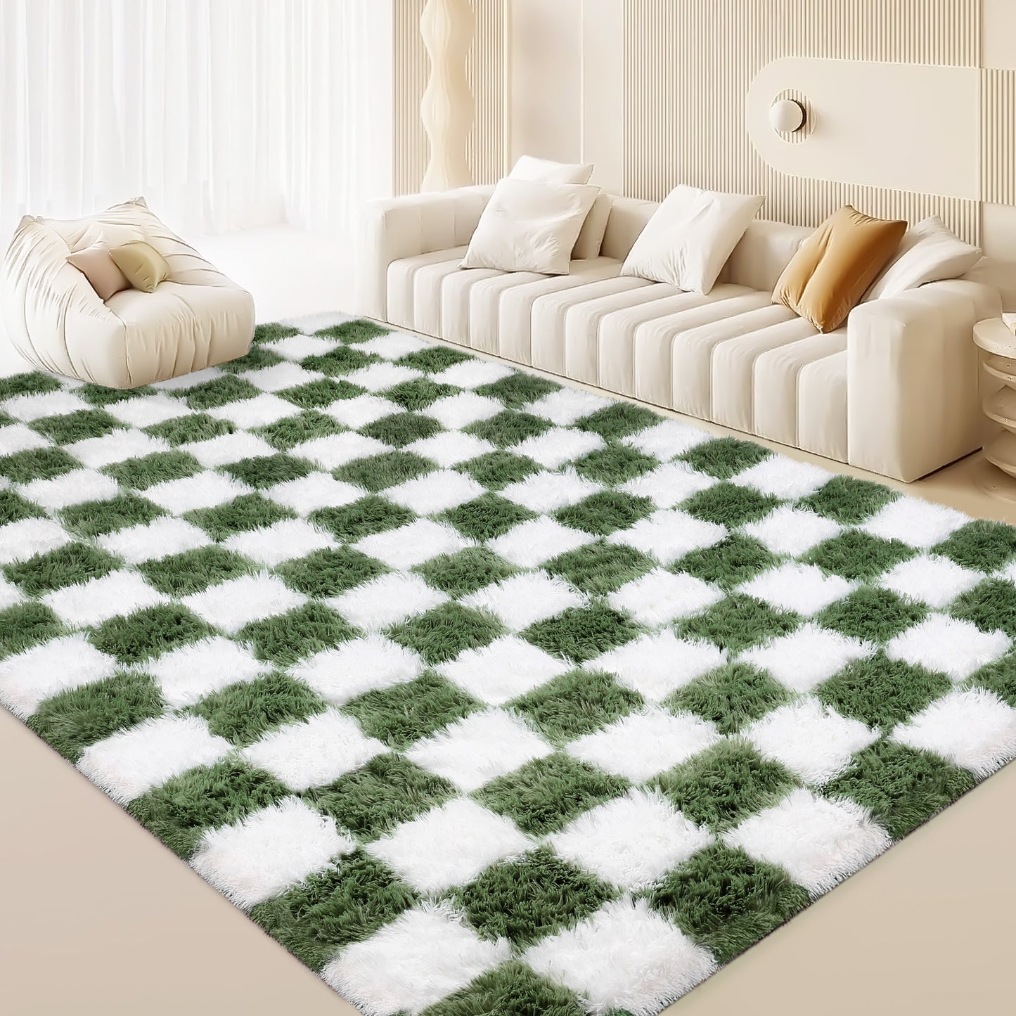 CozyDesg Shag Area Rugs,5'x8'/8' x 10' Soft Fluffy Floor Rugs Checkered Carpet,Washable Area Rugs for Living Room Bedroom Decor,Beige & White
