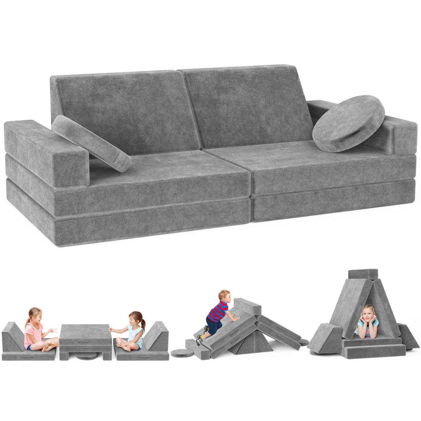 LOOKFLY 10 PCS Customizable Kids Play Foam Couch, Multifunctional Modular Sofa Couch,Kids Toddler Couch,Convertible Foam and Floor Cushion for Boys and Girls,Gray