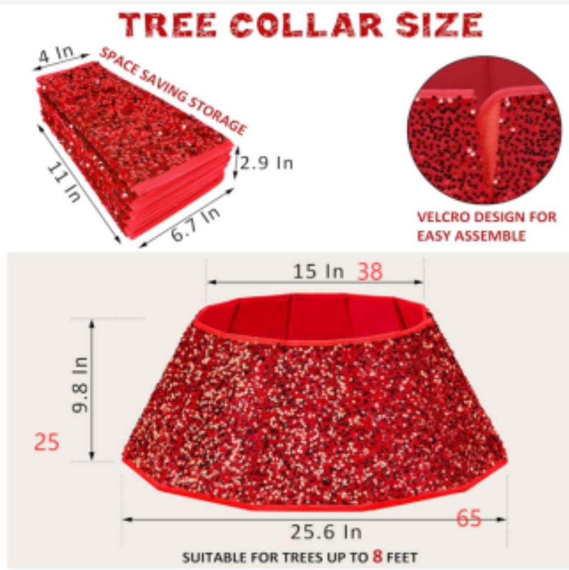 Yexmas Sequin Christmas Tree Collar Skirt, 25CM Height, 38CM Top Diameter, 65CM Bottom Diameter, Glitter Holiday Tree Base Cover for Xmas Decor