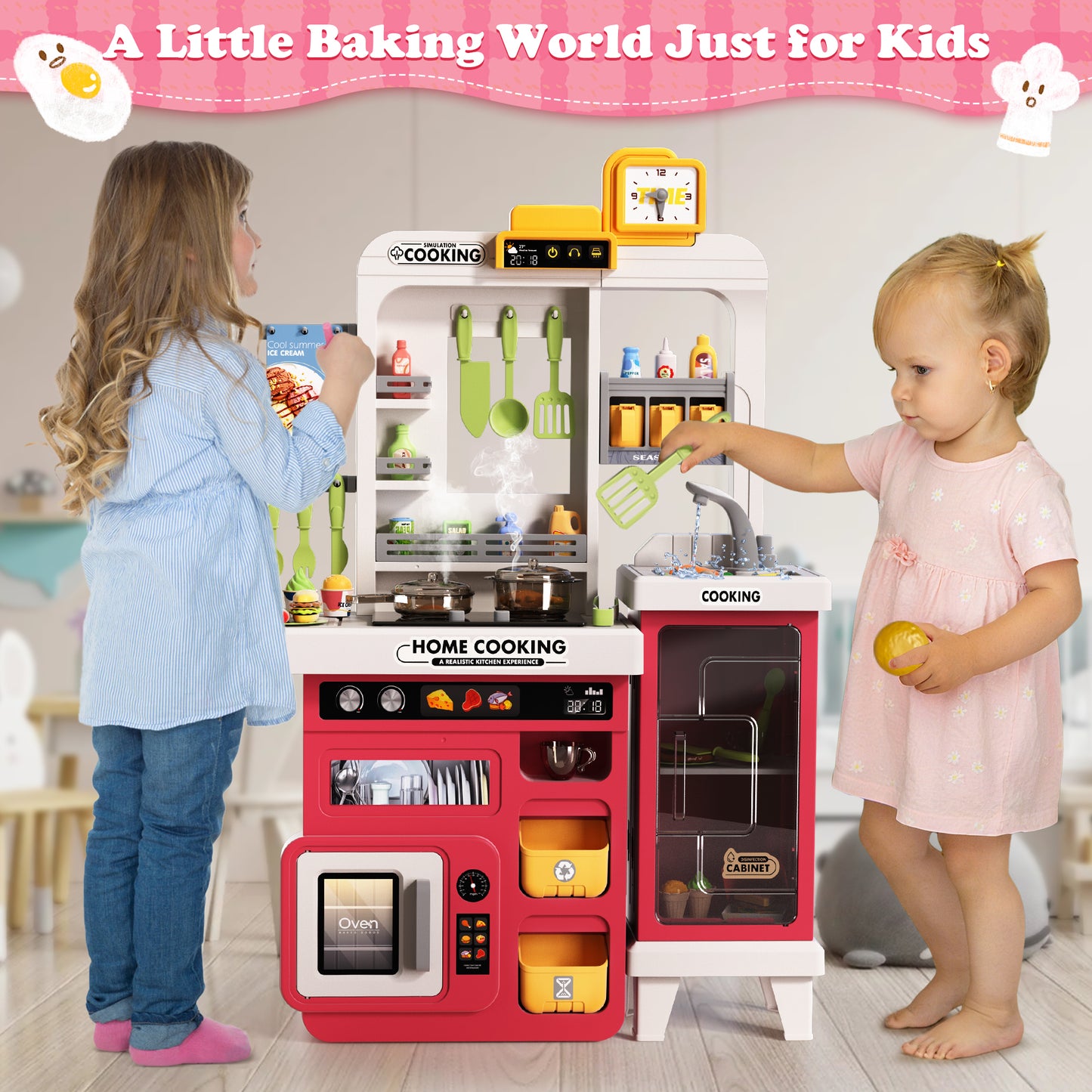 Lookfly Play Kitchens,68PCS Kids Kitchen Playset with Realistic Lights&Sounds,Toddler Kitchen Toy Gift for Boys and Grlis,Pink 32.3"H