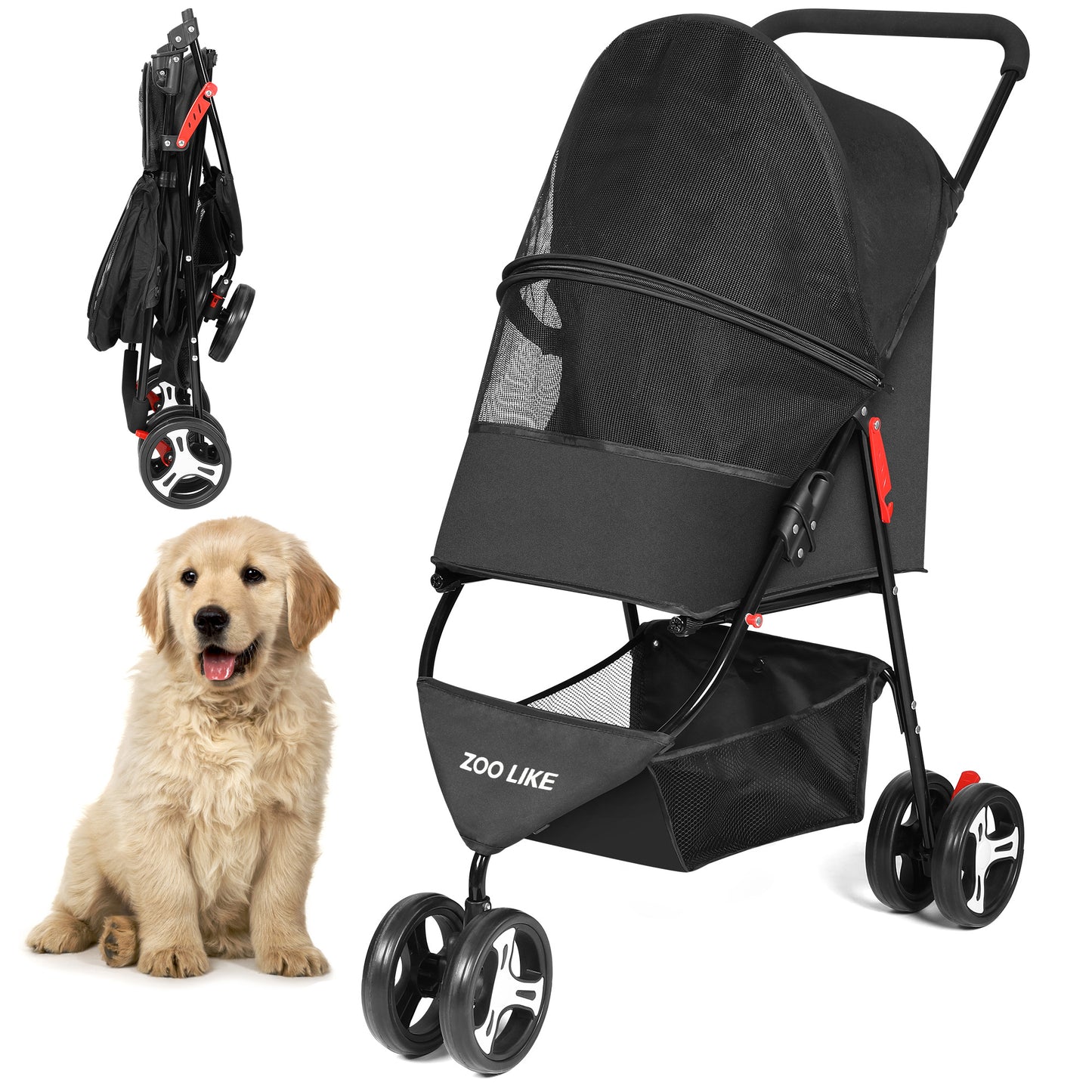 Zoolike 3 Wheel Pet Stroller Cat Dog Stroller Foldable Jogging Travel Perros Carrier for Small Medium Dogs,Puppy Stroller,Black