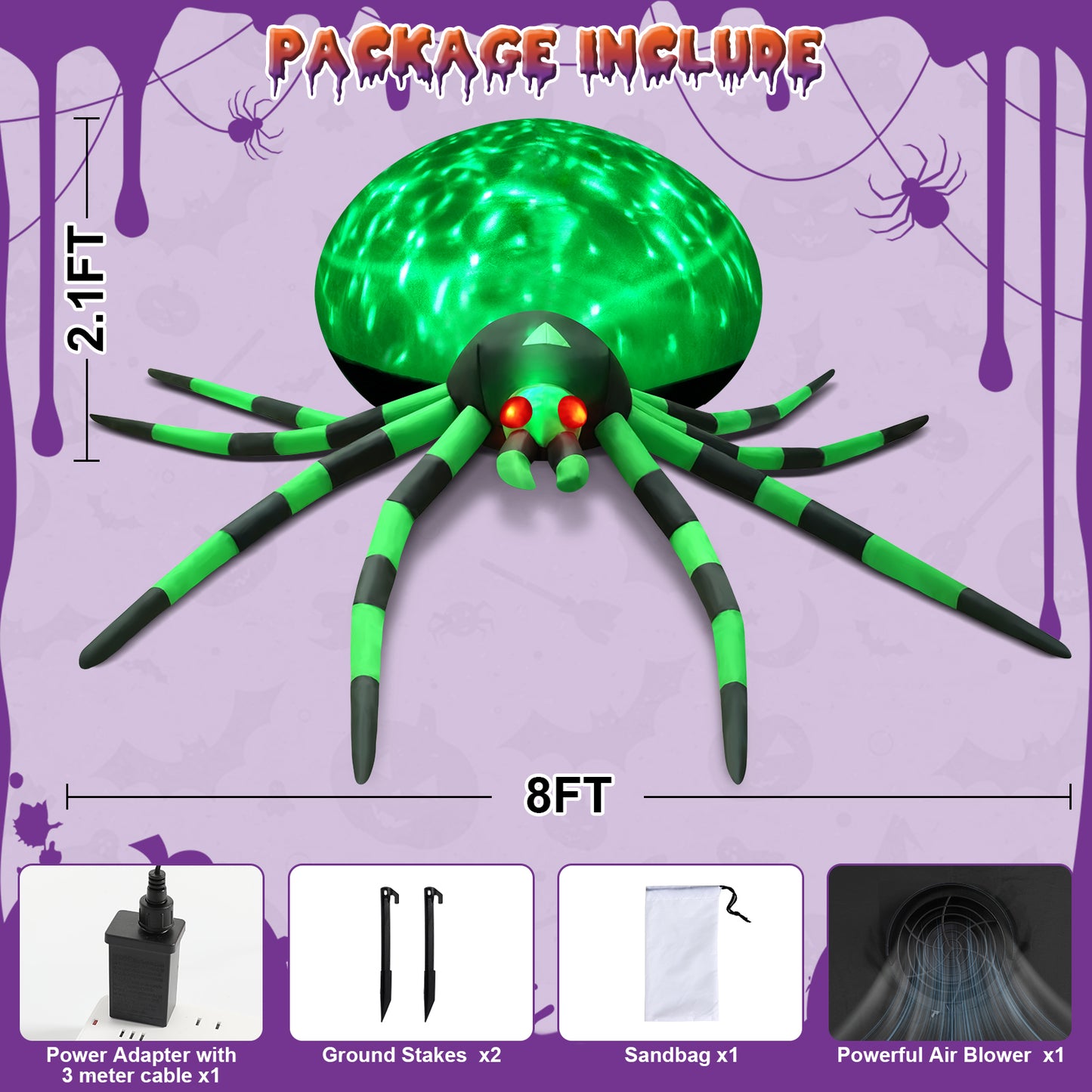 8FT Halloween Inflatables Outdoor Decorations Giant Spider Decorations with LED Lights and Air Pump Blow up Inflatable Green