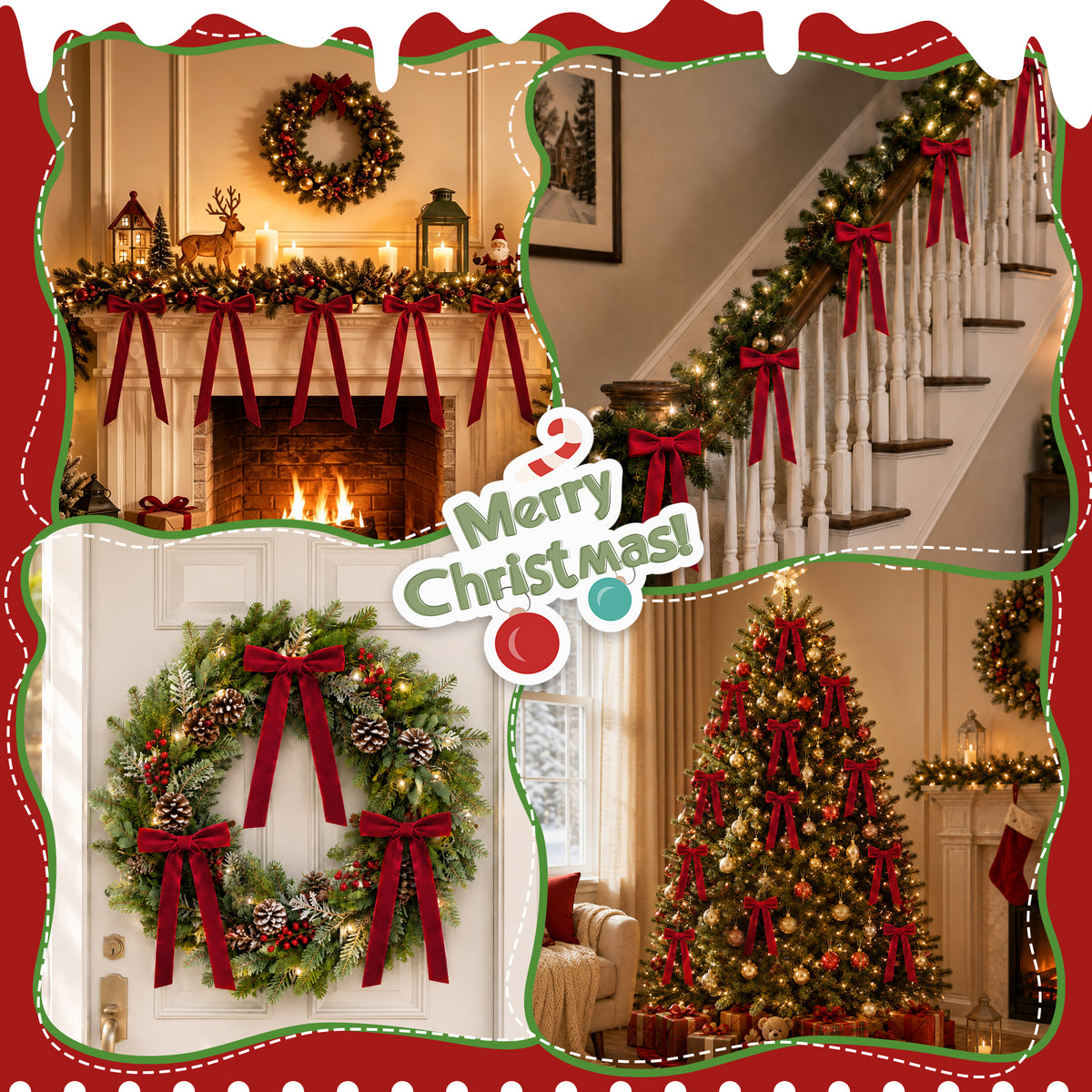 Yexmas 12pcs Burgundy Velvet Christmas Bows, Ribbon Bows Xmas Ornaments for Christmas Tree Home Party Staircase Door Wreath Garland Holiday Decor
