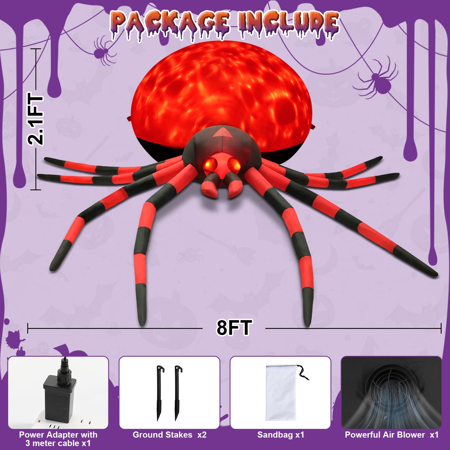 8FT Halloween Inflatables Outdoor Decorations Giant Spider Decorations with LED Lights and Air Pump Blow up Inflatable Red