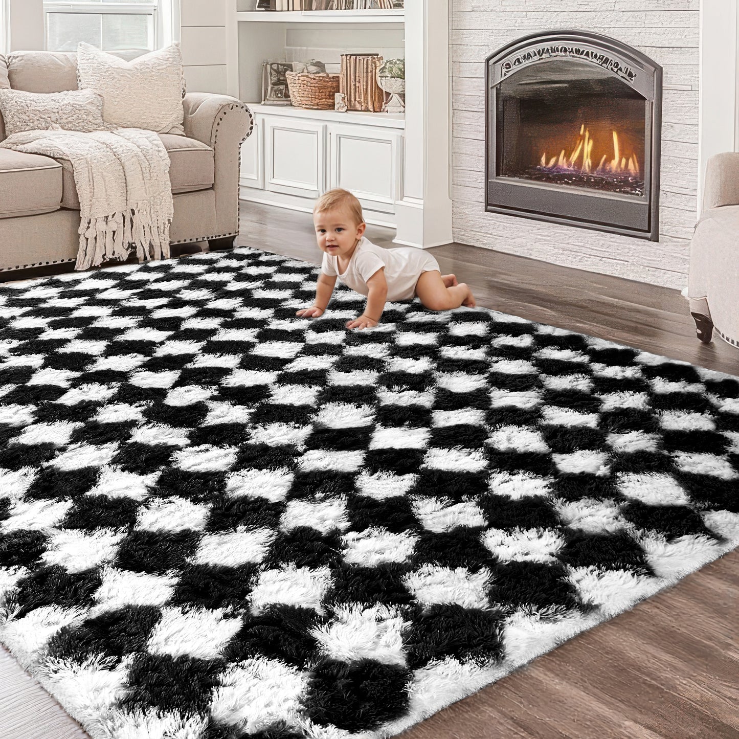 CozyDesg Large Rugs,4'x6' Soft Fluffy Shag Indoor Floor Carpet for Living Room Bedroom Dining Room Office Home Decor,Dark Gray & White