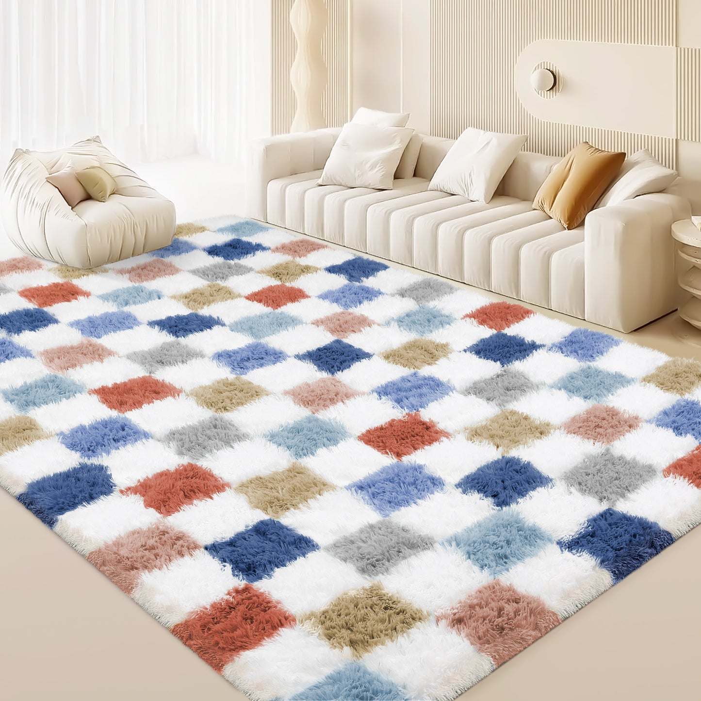 CozyDesg Shag Area Rugs,5'x8'/8' x 10' Soft Fluffy Floor Rugs Checkered Carpet,Washable Area Rugs for Living Room Bedroom Decor,Beige & White