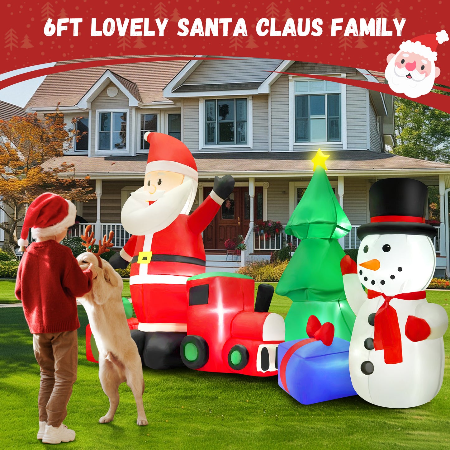 Yexmas 9FT Christmas Inflatables with Blow Up LED Lights, Santa Claus Snowman Train Gift Boxes & Christmas Tree for Indoor Outdoor Xmas Decoration