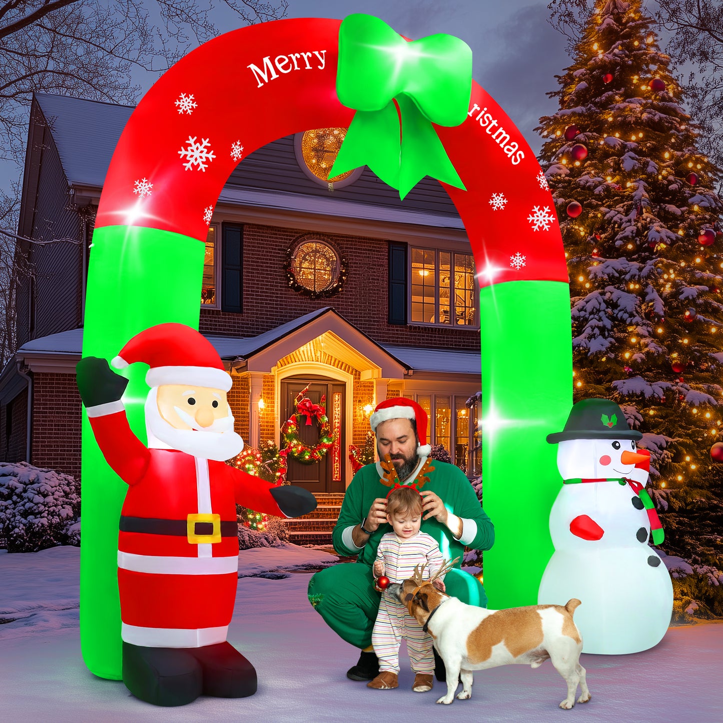 Lookfly 8FT Christmas Inflatable Archway,Christmas Blow Up Yard Decorations with Santa Claus and Snowman,Outdoor Christmas Decorations with Bow LED Lights
