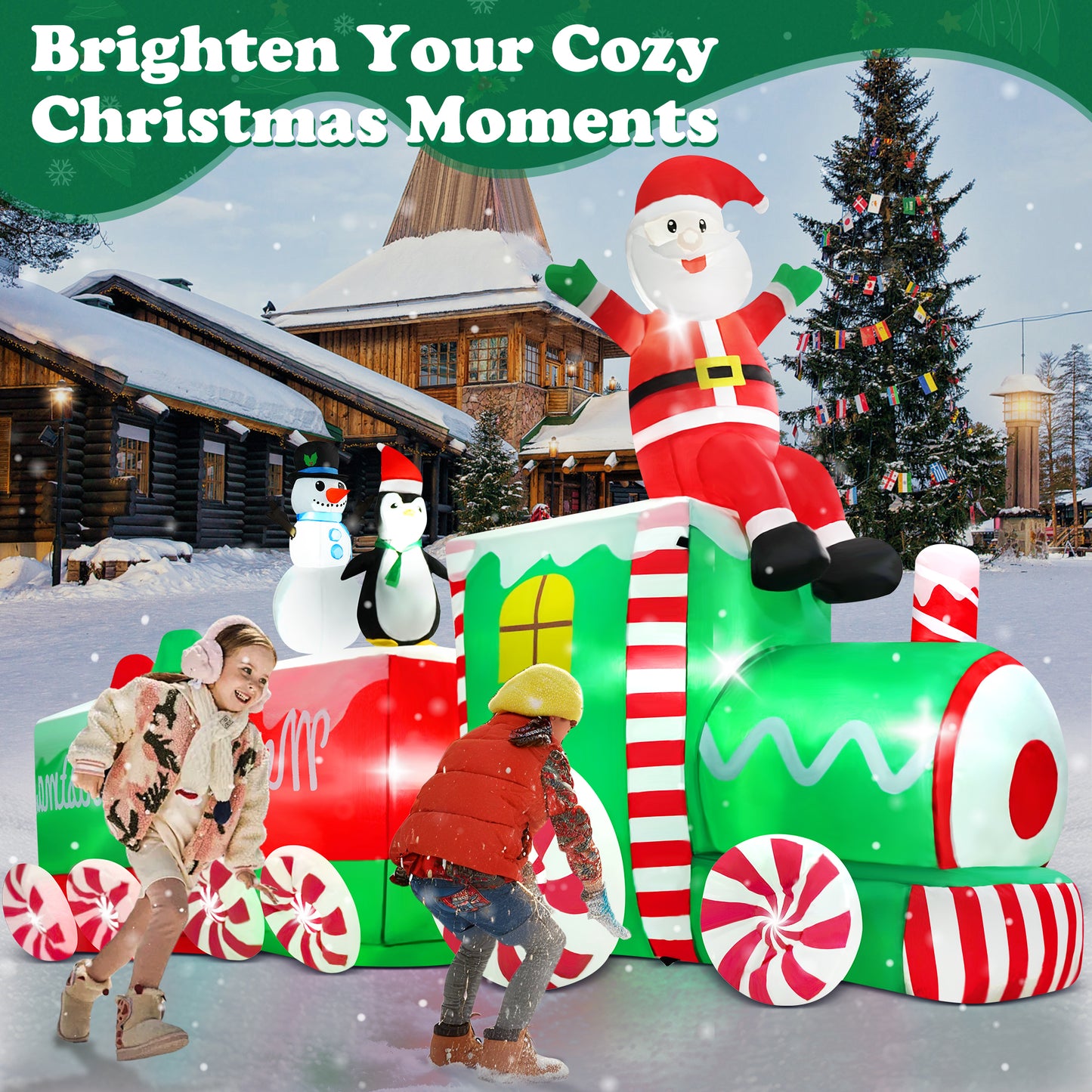 Yexmas 10.5ft Christmas Inflatable Train with Santa Snowman Penguin Dinosaur Corner Outdoor Lights Decorations for Holiday Decorations, Christmas Parties, Yard, Garden and Lawn