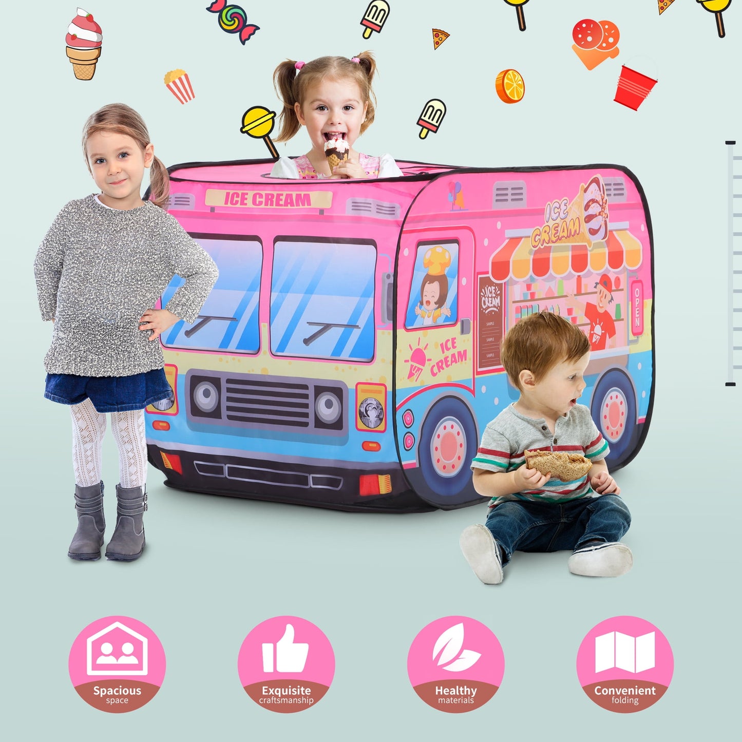 Yexmas Ice Cream Car Pop Up Tent with Carrying Case, Playhouse Indoor and Outdoor Kids Play Tent for Boys and Girls Children 3+ Years Gift
