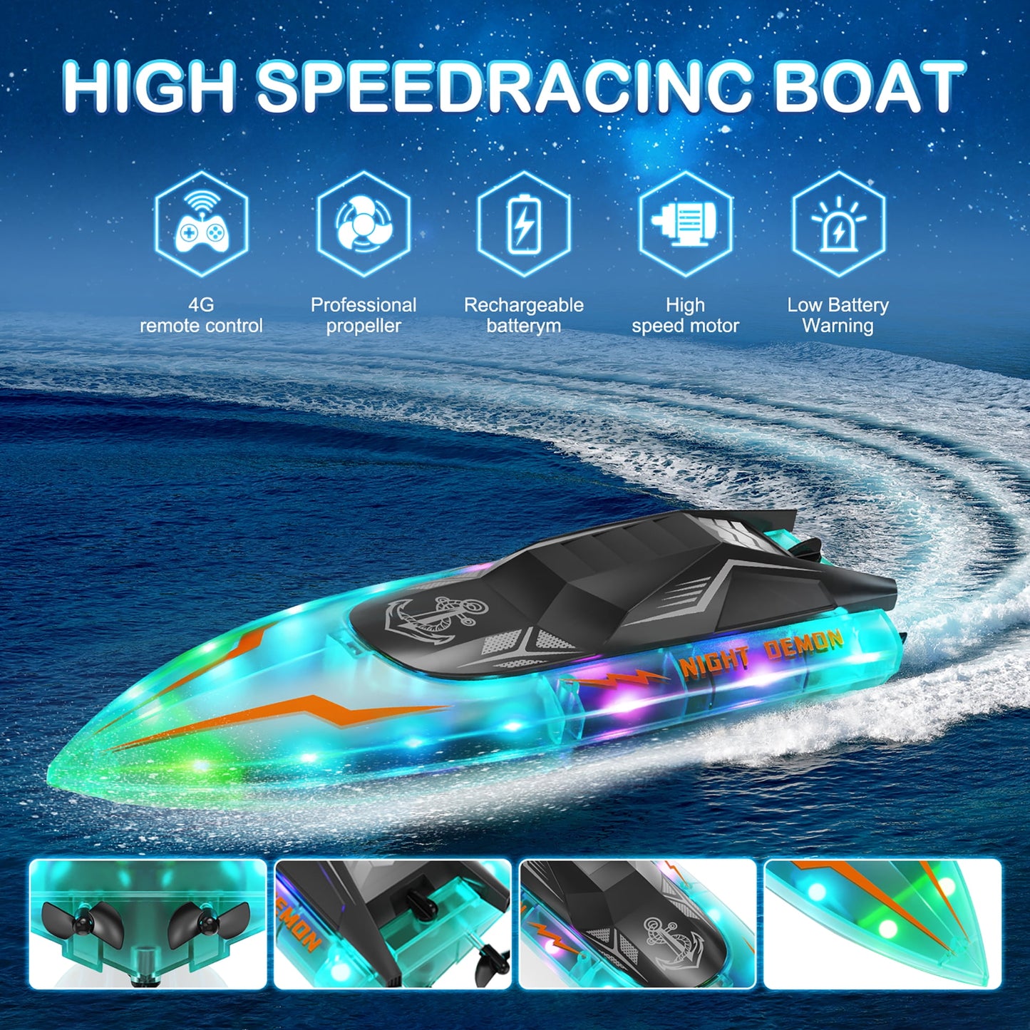 Yexmas RC Boat for Pools and Lakes, 2.4G 15+ MPH Fast Remote Control Boat with LED Lights, Racing Boats for Kids & Adults with 2 Rechargeable Battery,Gifts for Boys Girls (Blue)