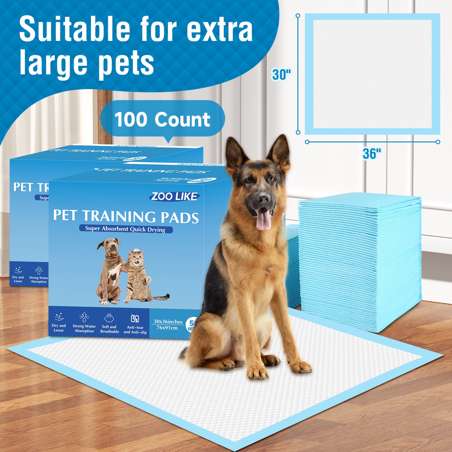 Zoolike XXL Dog Pads Dog Training Pads, Disposable Dog Pee Pads,30"x 36", 100 COUNT