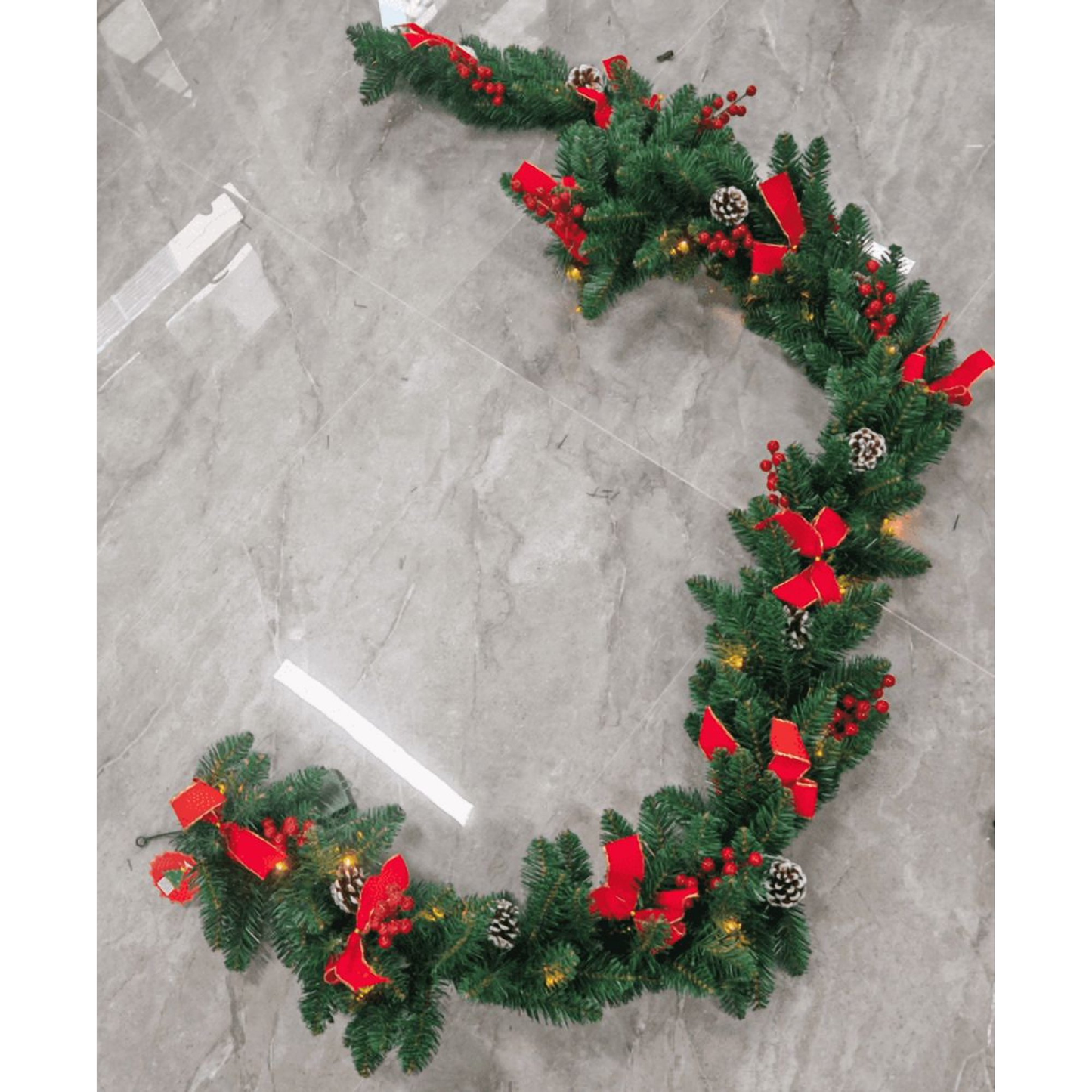 Yexmas 9ft Christmas Garland,Pre-Lit Christmas Wreath with Warm White Lights, , Artificial Pine Garland for Fireplace Staircase Indoor & Outdoor Decoration