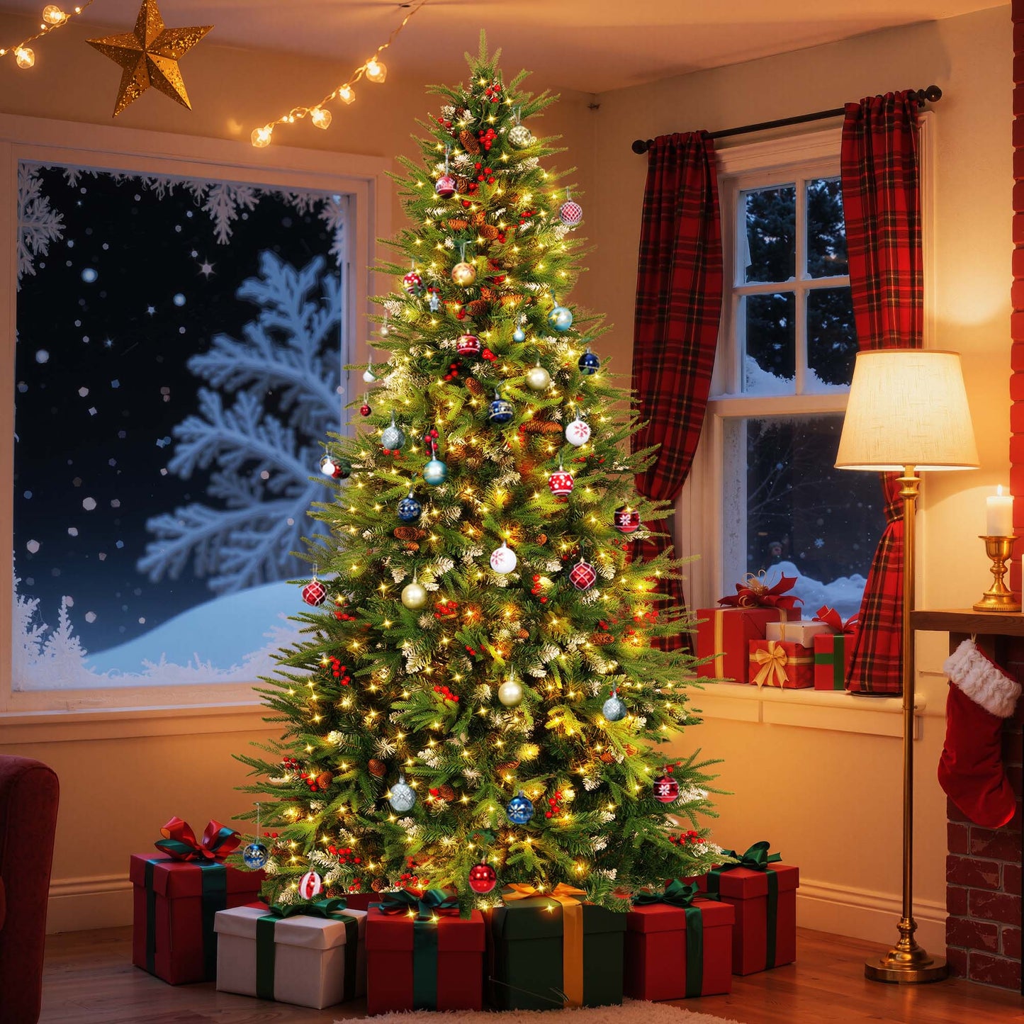 Yexmas 7.5ft Pre-Lit Artificial Christmas Trees,Green Xmas Tree with Large Christmas Tree Storage Bag,Pinecones, Berries, Realistic Artificial Christmas Trees for Home, Office, Party Decoration