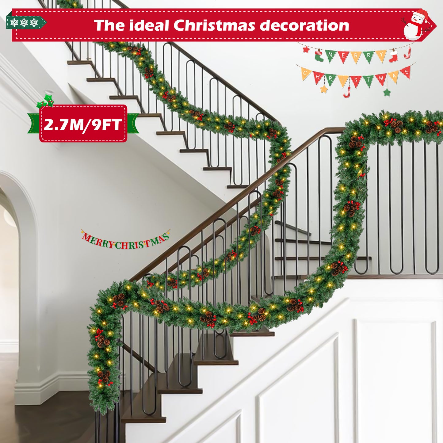 Yexmas 9ft Large Christmas Garland, Multi-Purpose Xmas Wreath with 60 LED Lights, Decorated with Pinecones, Berry Clusters, Battery Operated