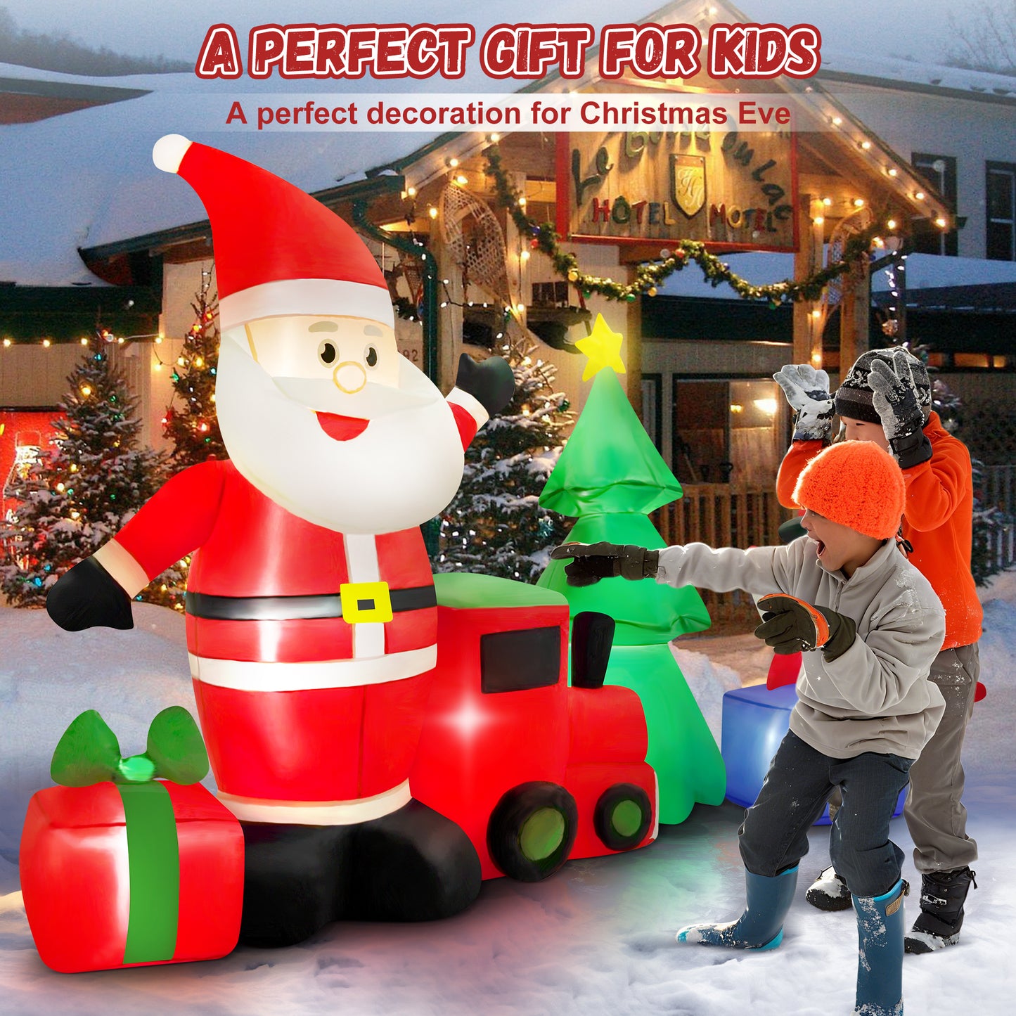Yexmas 9FT Christmas Inflatables with Blow Up LED Lights, Santa Claus Snowman Train Gift Boxes & Christmas Tree for Indoor Outdoor Xmas Decoration
