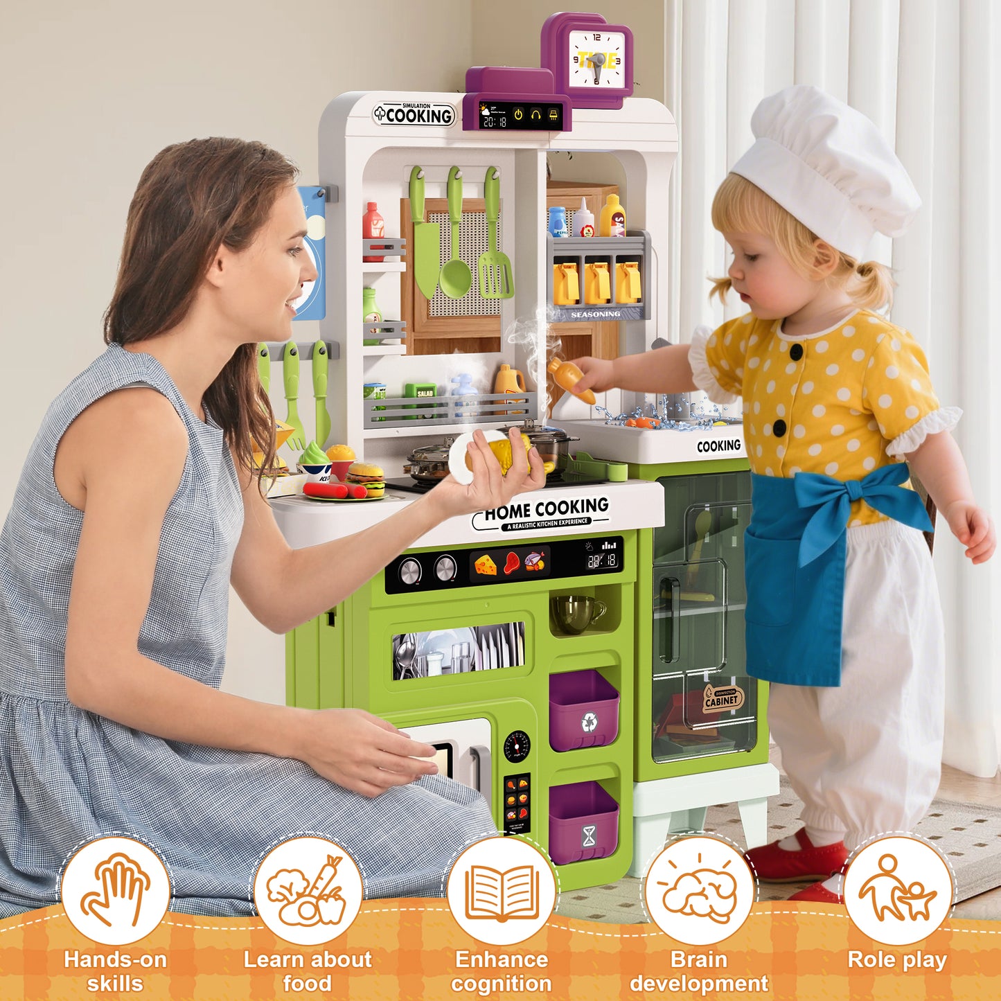 Lookfly Play Kitchens,68PCS Kids Kitchen Playset with Realistic Lights&Sounds,Toddler Kitchen Toy Gift for Boys and Grlis,Green 32.3"H