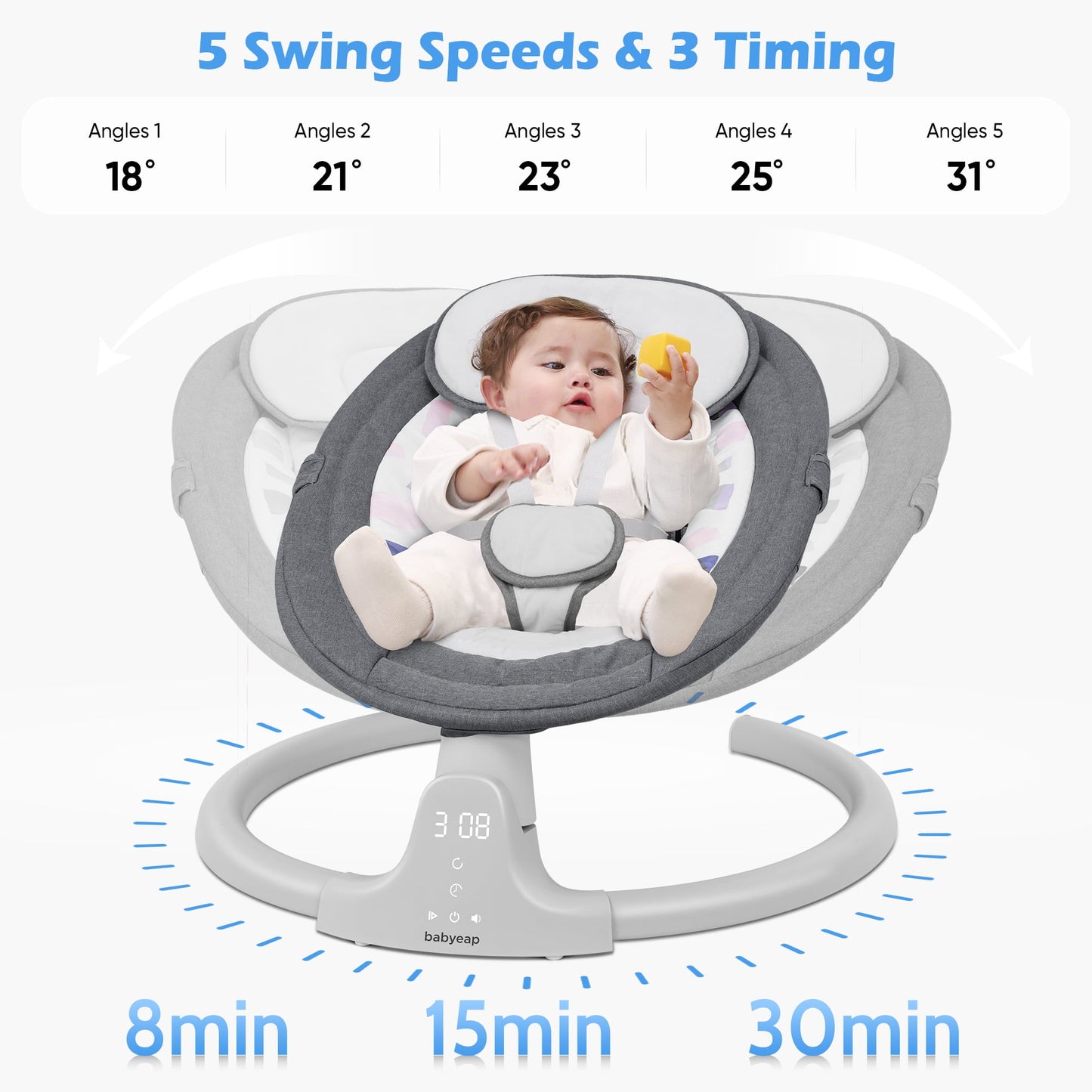 Babyeap Baby Swing for Infants - APP Remote Bluetooth Control, 5 Speed Settings, 10 Lullabies, USB Plug
