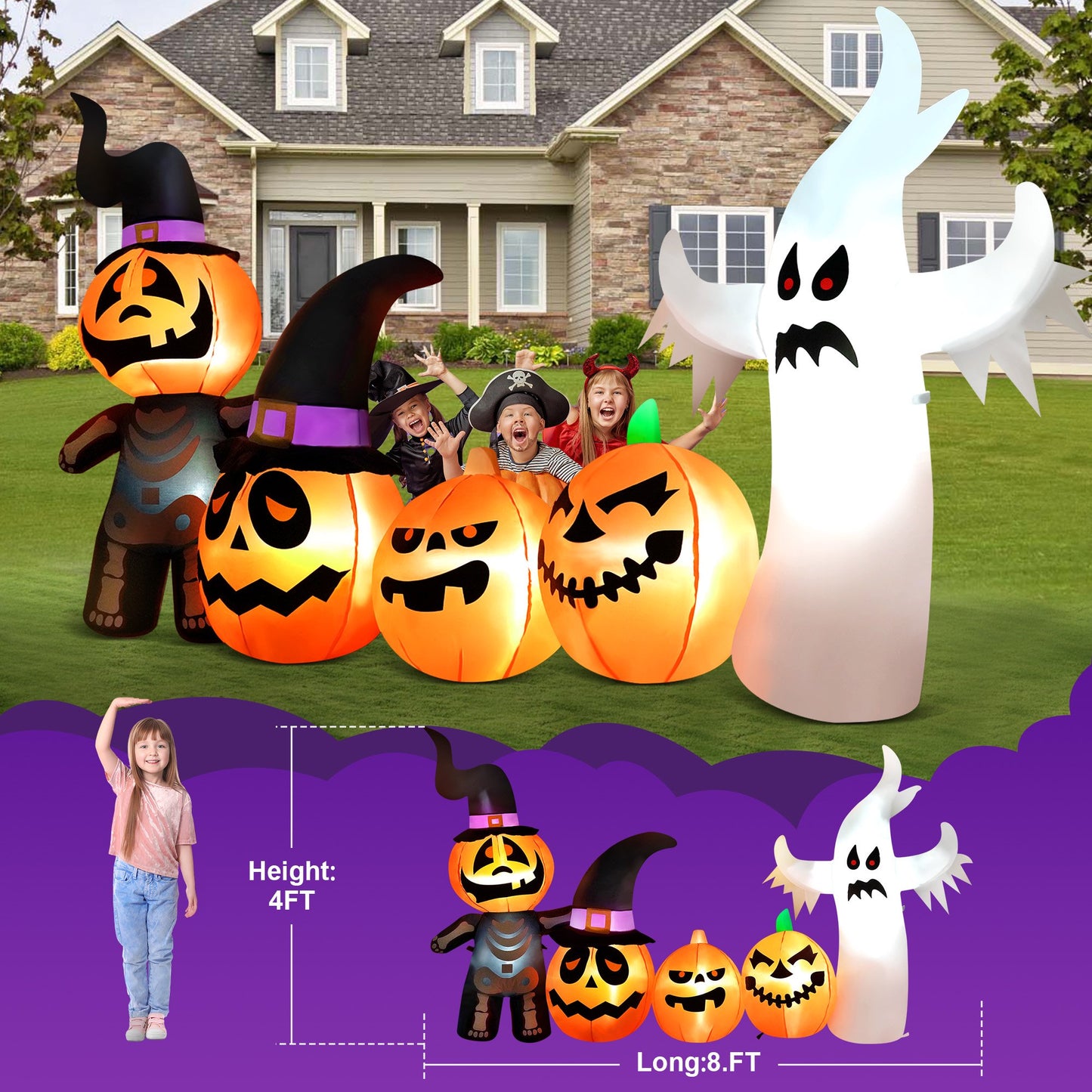 Yexmas Halloween Inflatables, 9 FT Long 4 Pumpkins with Cute White Ghost Outdoor Decorations, Built-in LEDs, Blow Up Party, Waterproof Yard, Garden, Lawn Decor