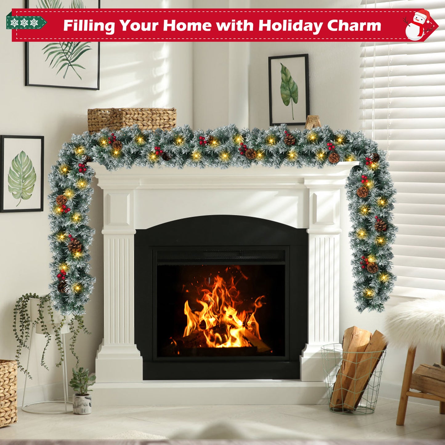 Yexmas 9ft Large Christmas Garland, Multi-Purpose Xmas Wreath with 60 LED Lights, Decorated with Pinecones, Berry Clusters, Battery Operated