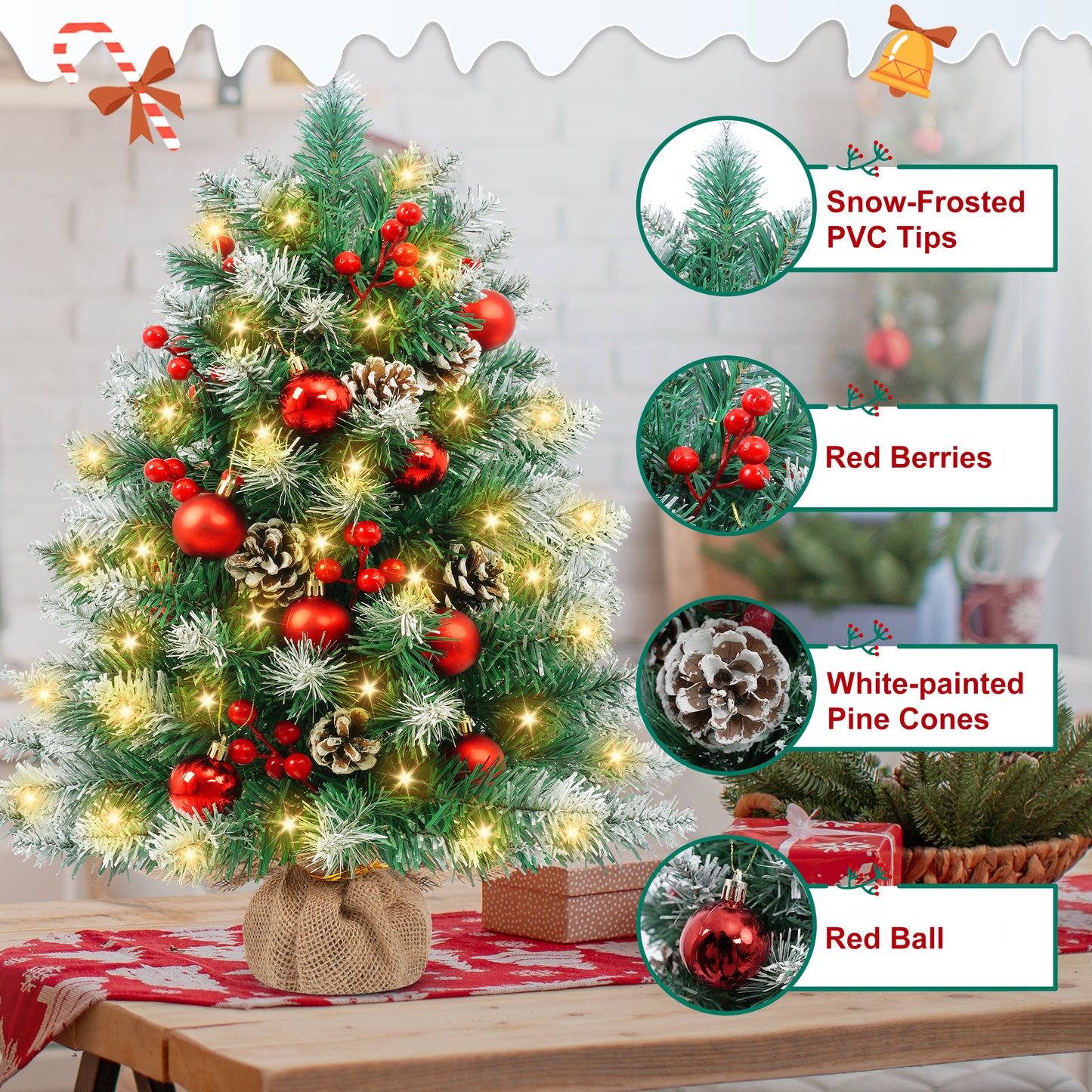 Yexmas 2PCS Pre-lit Artificial Mini Christmas Tree,24 Inch Small Tabletop Xmas Tree for Indoor Outdoor Christmas Decor