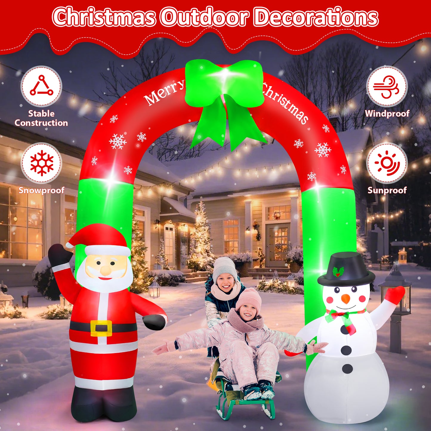 Lookfly 8FT Christmas Inflatable Archway,Christmas Blow Up Yard Decorations with Santa Claus and Snowman,Outdoor Christmas Decorations with Bow LED Lights