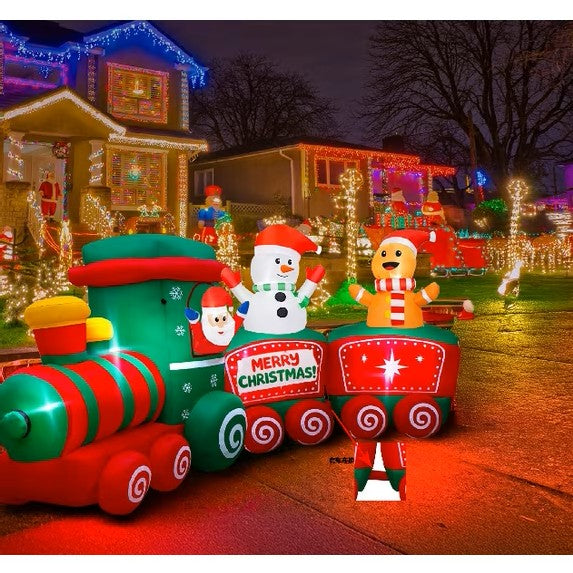 Yexmas 10.7FT Inflatable Christmas Train with Santa, Reindeer & Snowman – LED Light Up Holiday Yard & Garden Decor