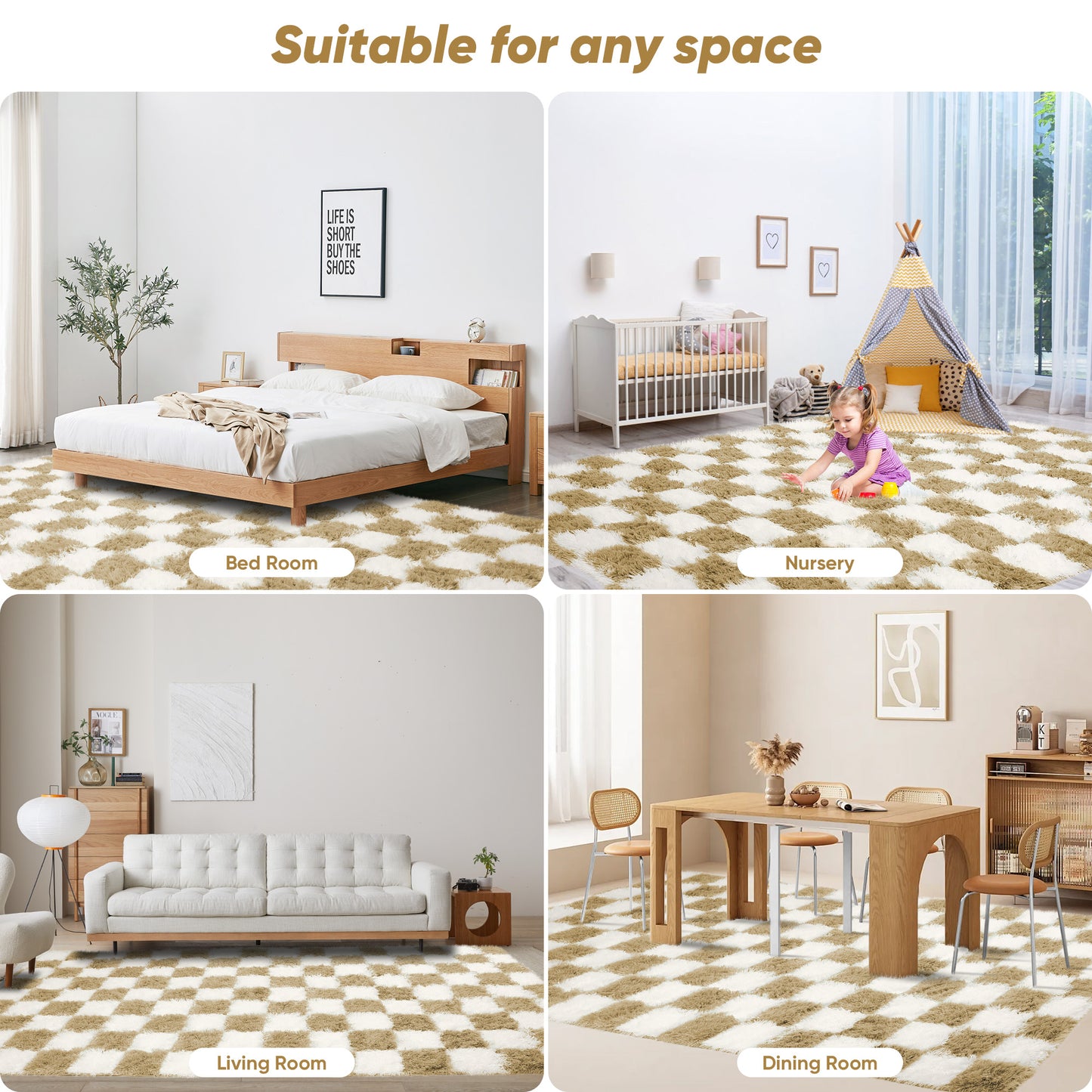CozyDesg Shag Area Rugs,5'x8'/8' x 10' Soft Fluffy Floor Rugs Checkered Carpet,Washable Area Rugs for Living Room Bedroom Decor,Beige & White