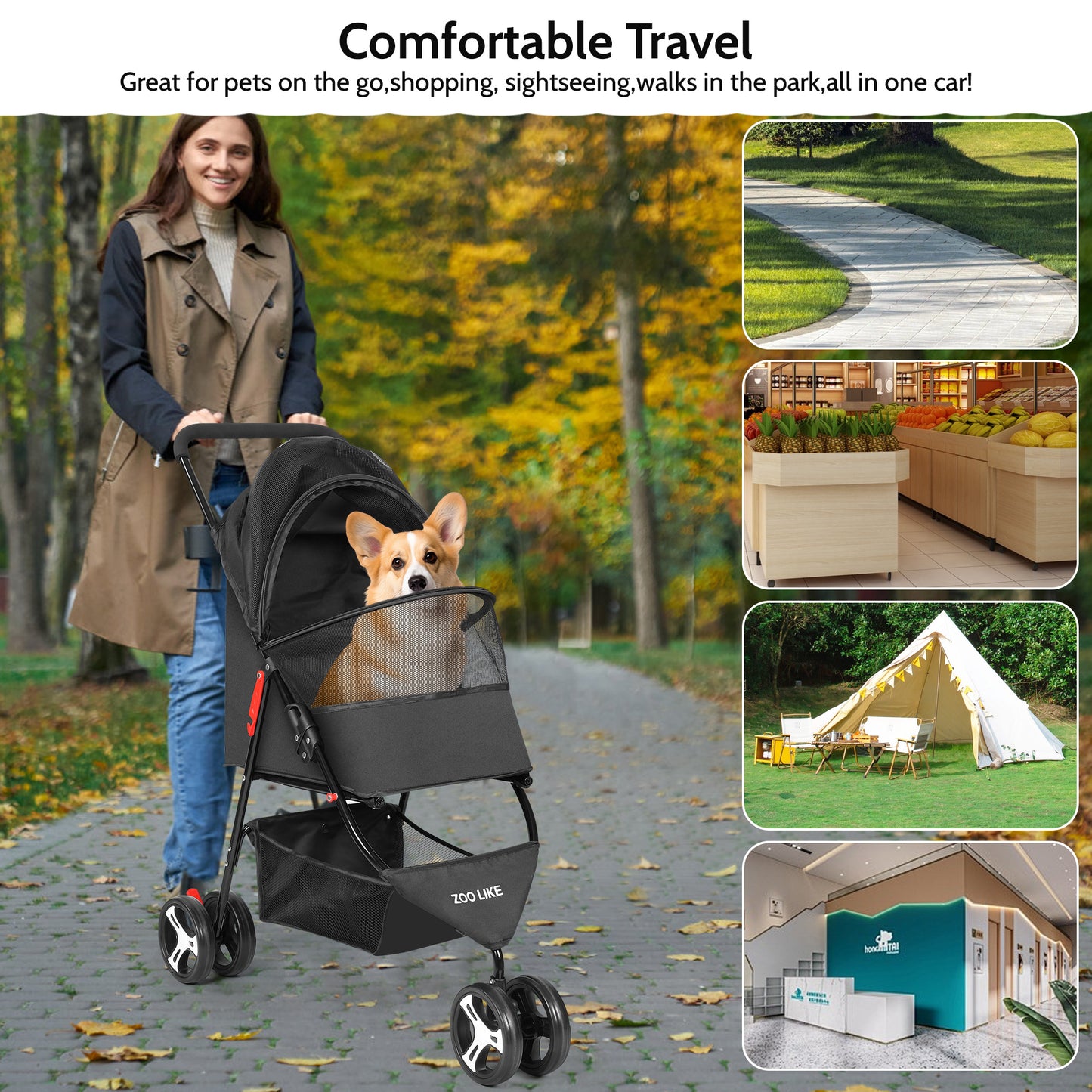Zoolike 3 Wheel Pet Stroller Cat Dog Stroller Foldable Jogging Travel Perros Carrier for Small Medium Dogs,Puppy Stroller,Black