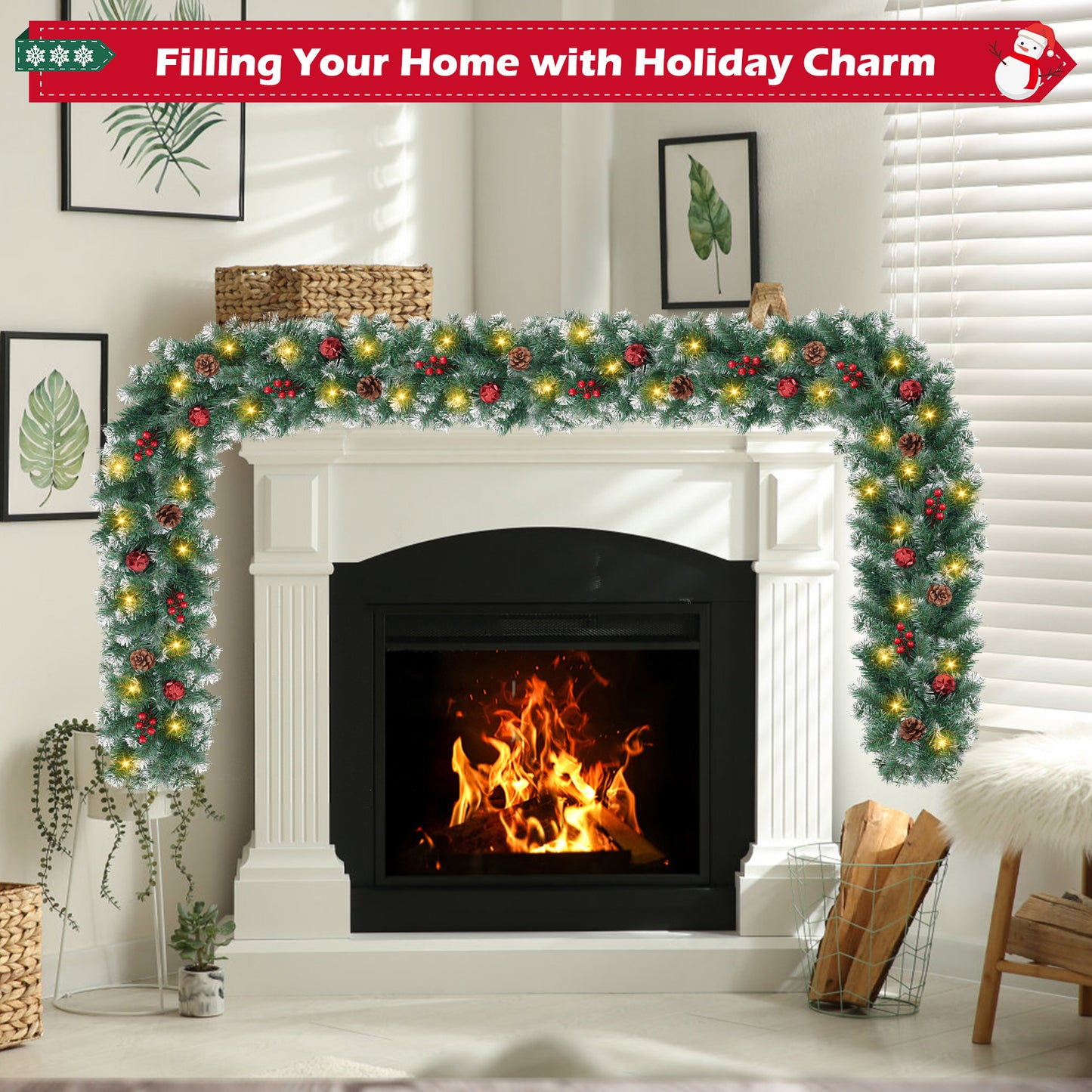 Yexmas 9ft Large Christmas Garland, Multi-Purpose Xmas Wreath with 45 LED Lights, Decorated with Pinecones, Berry Clusters, Battery Operated