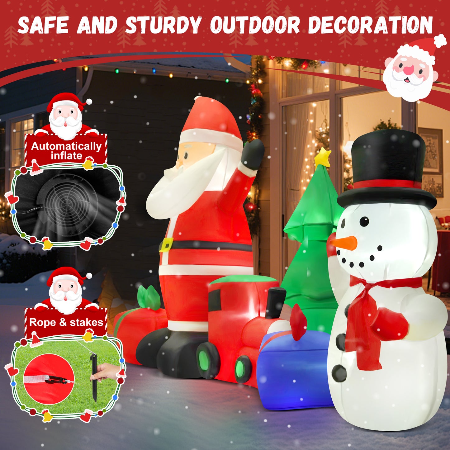 Yexmas 9FT Christmas Inflatables with Blow Up LED Lights, Santa Claus Snowman Train Gift Boxes & Christmas Tree for Indoor Outdoor Xmas Decoration