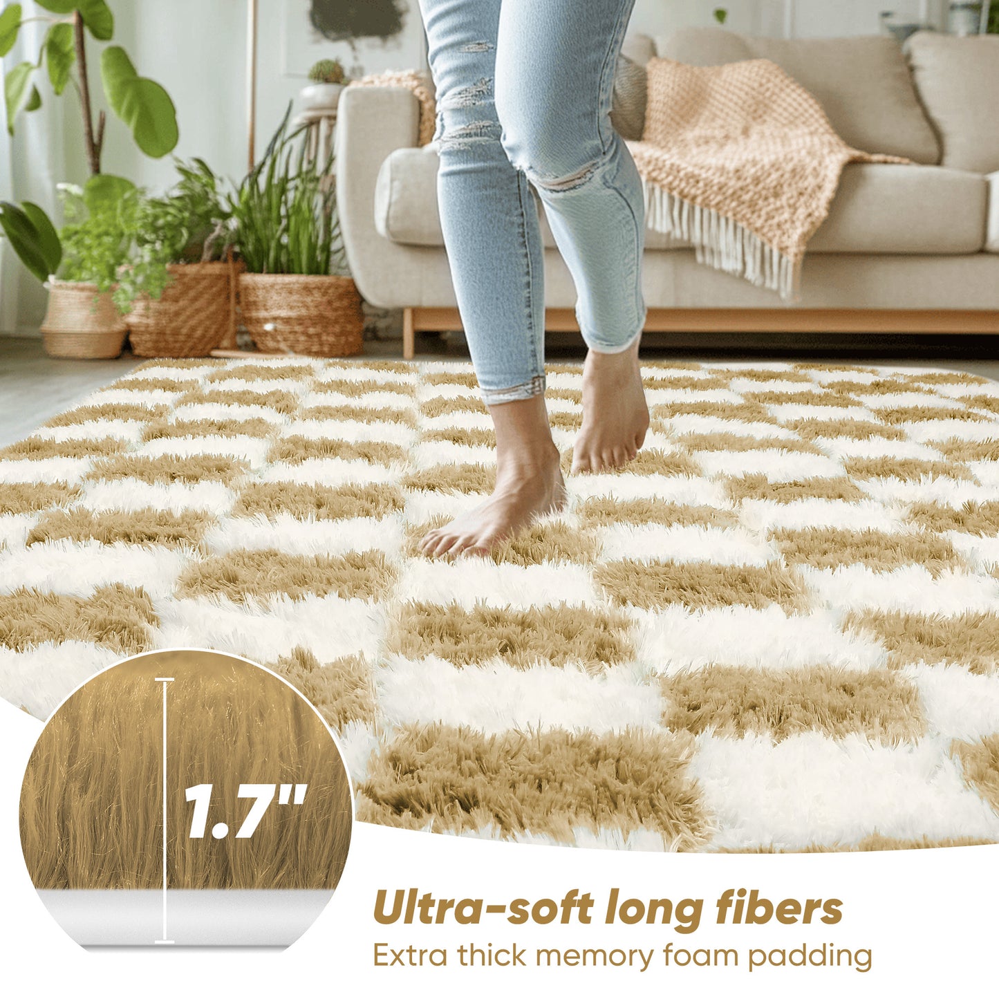 CozyDesg Shag Area Rugs,5'x8'/8' x 10' Soft Fluffy Floor Rugs Checkered Carpet,Washable Area Rugs for Living Room Bedroom Decor,Beige & White