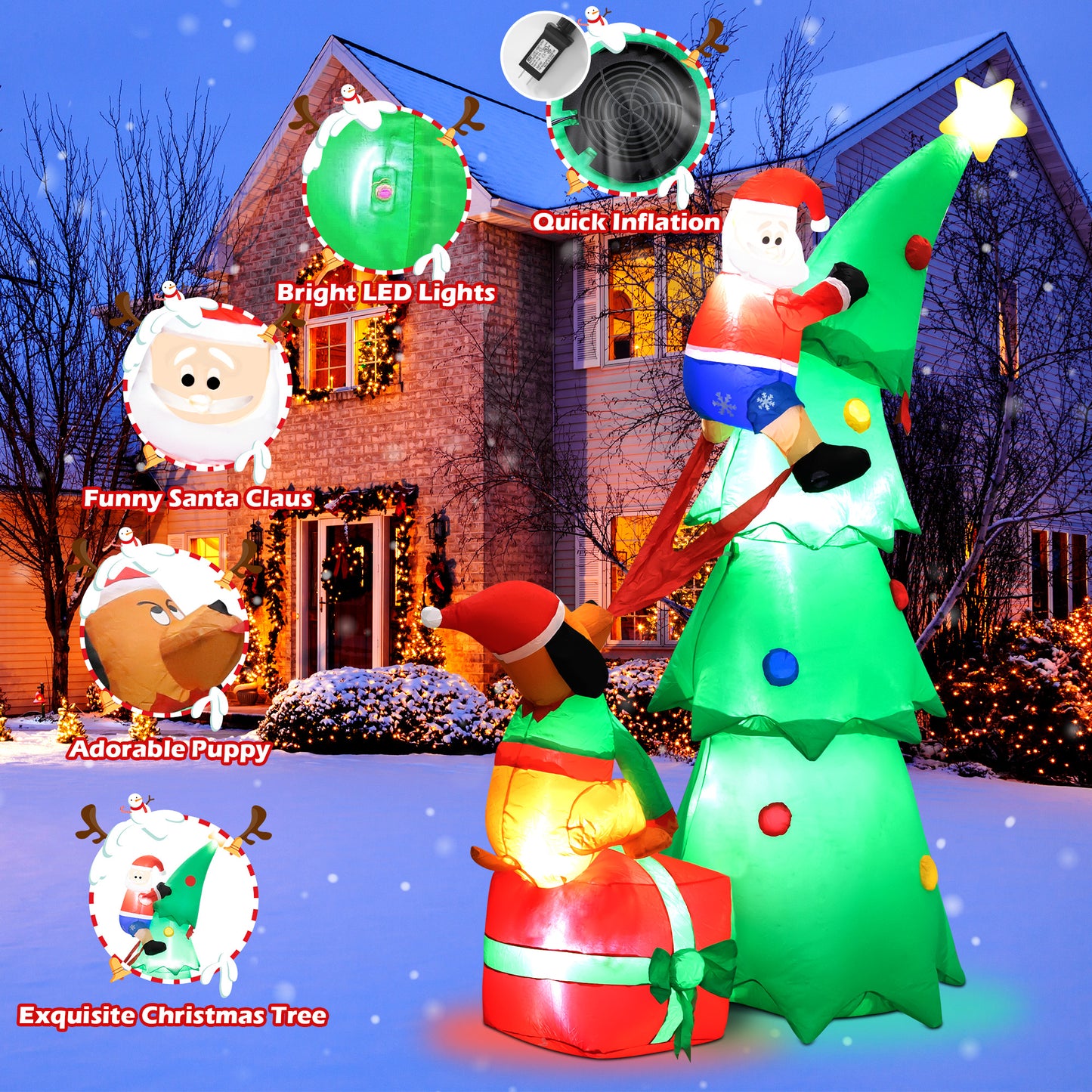 Lookfly 7.2FT Large Outdoor Inflatable Christmas Tree with Santa Claus and Dog,Built-in LED Lights,Fun Blow Up Xmas Decor Suitable for Yard,Garden,Lawn