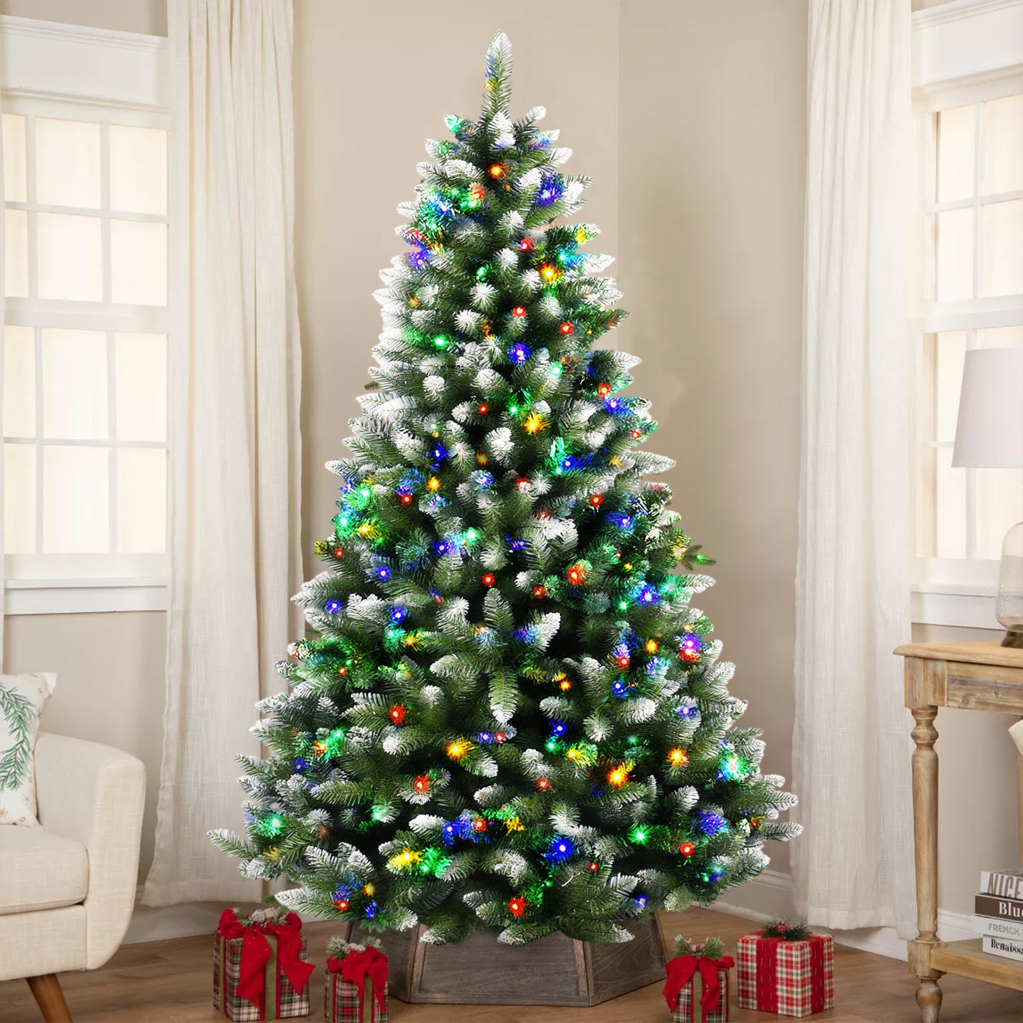 Yexmas 6ft Pre-Lit Green Christmas Tree, 11 Modes Colored LED Lights, Artificial Xmas Tree with Large Storage Bag