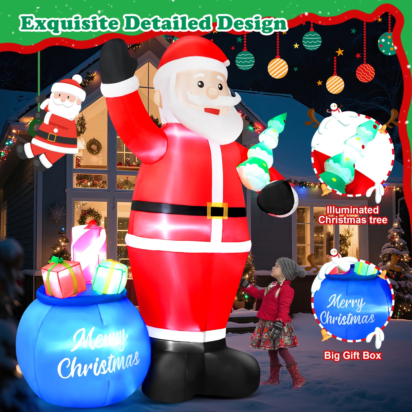 Yexmas 8FT Christmas Inflatable Santa Claus with Big Gift Bag and Christmas Tree Outdoor Decorations,Built-in LED Light,Blow Up Xmas inflatables for Front Back Yard Garden Lawn
