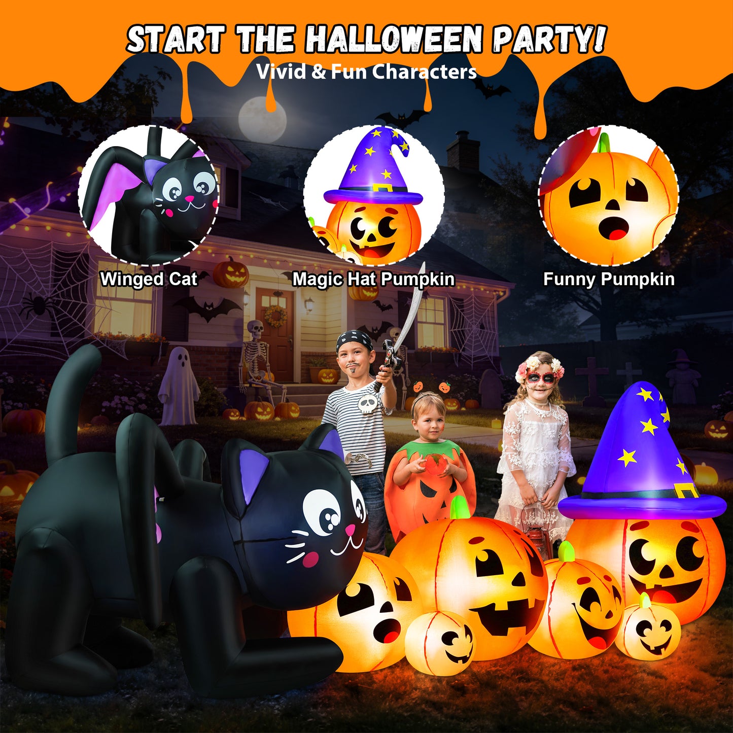 Yexmas 9FT Halloween Inflatable Black Cat with Pumpkin,Halloween Yard Decoration with 8 LED Lights,Blow Up Outdoor Lawn Decor