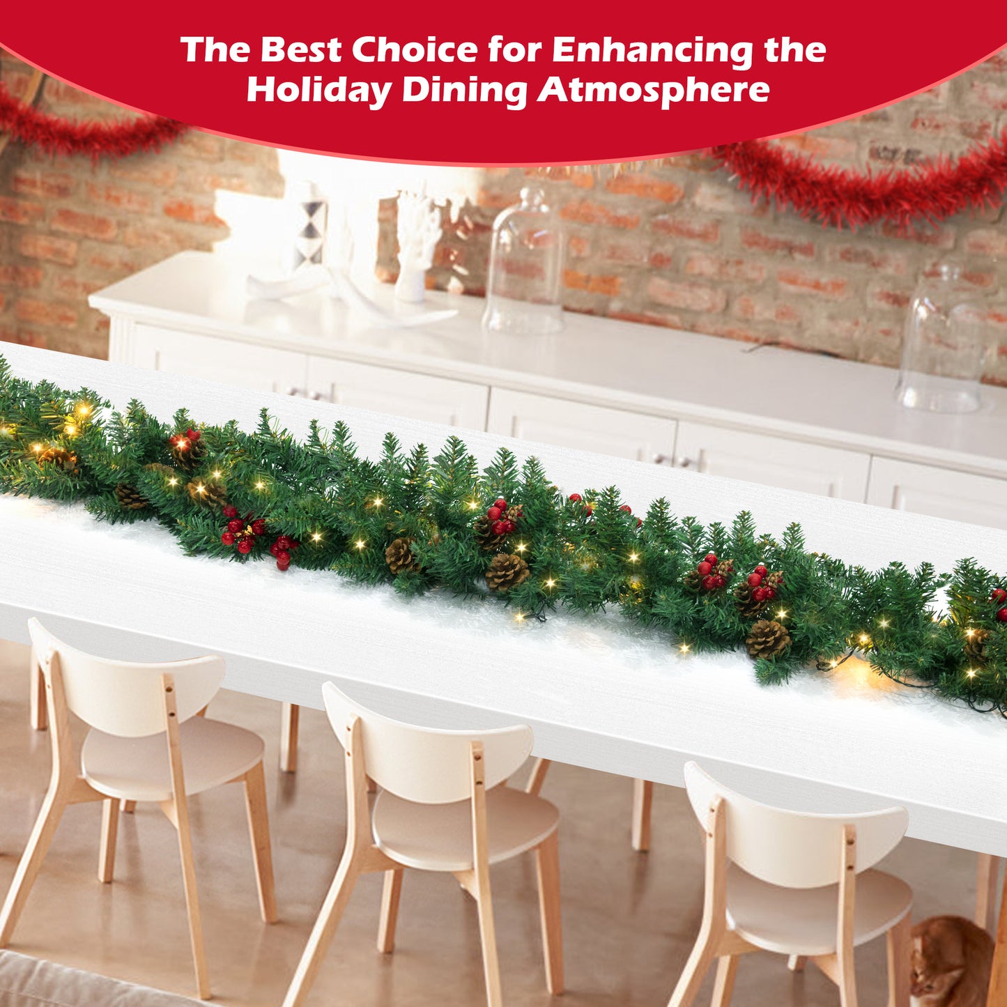 Yexmas 9ft Large Christmas Garland, Multi-Purpose Xmas Wreath with 60 LED Lights, Decorated with Pinecones, Berry Clusters, Battery Operated