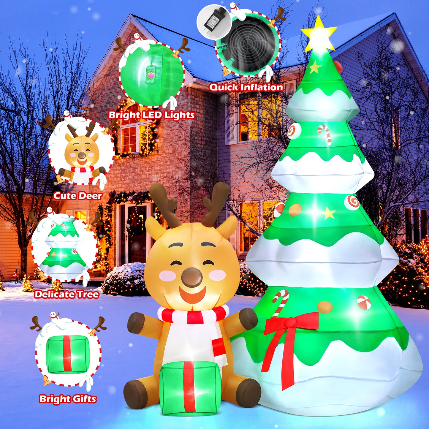 Lookfly 5.5 FT Large Outdoor Inflatable Christmas Tree with Santa Claus and Deer,Built-in LED Lights,Fun Blow Up Xmas Decor Suitable for Yard,Garden,Lawn