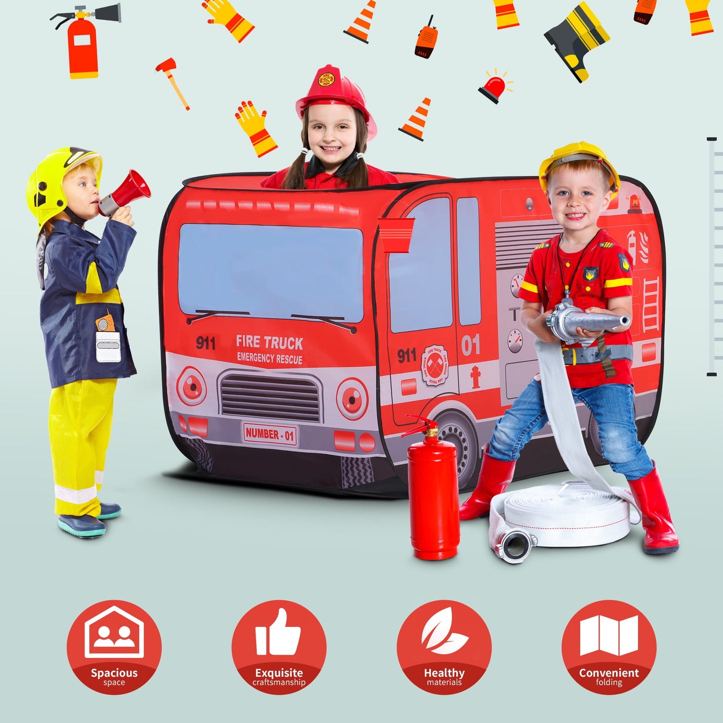 Yexmas Fire Truck Pop Up Tent with Carrying Case, Playhouse Indoor and Outdoor Kids Play Tent for Boys and Girls Children 3+ Years Gift